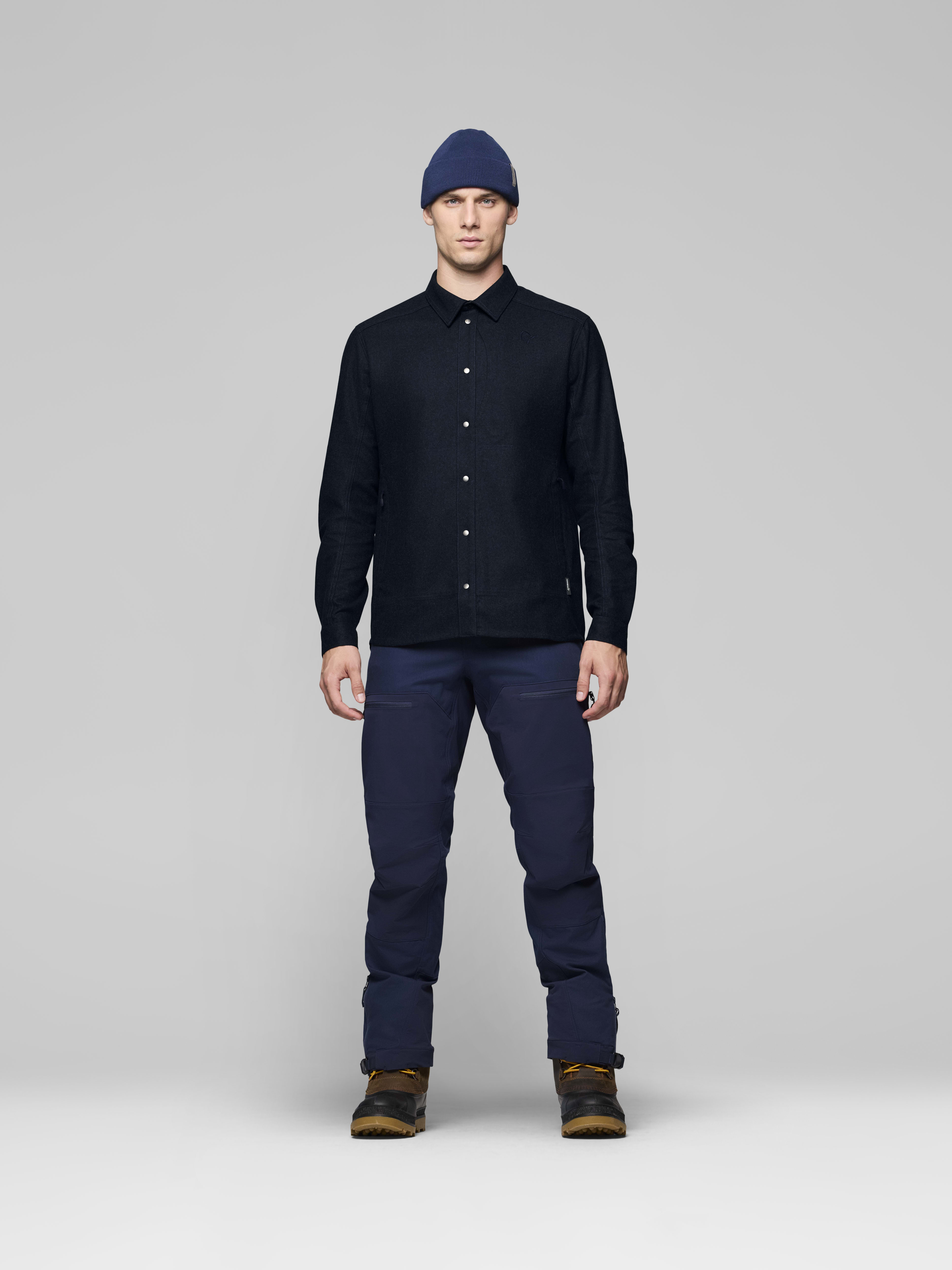 Male Look front image of femund wool plain Shirt Indigo Night