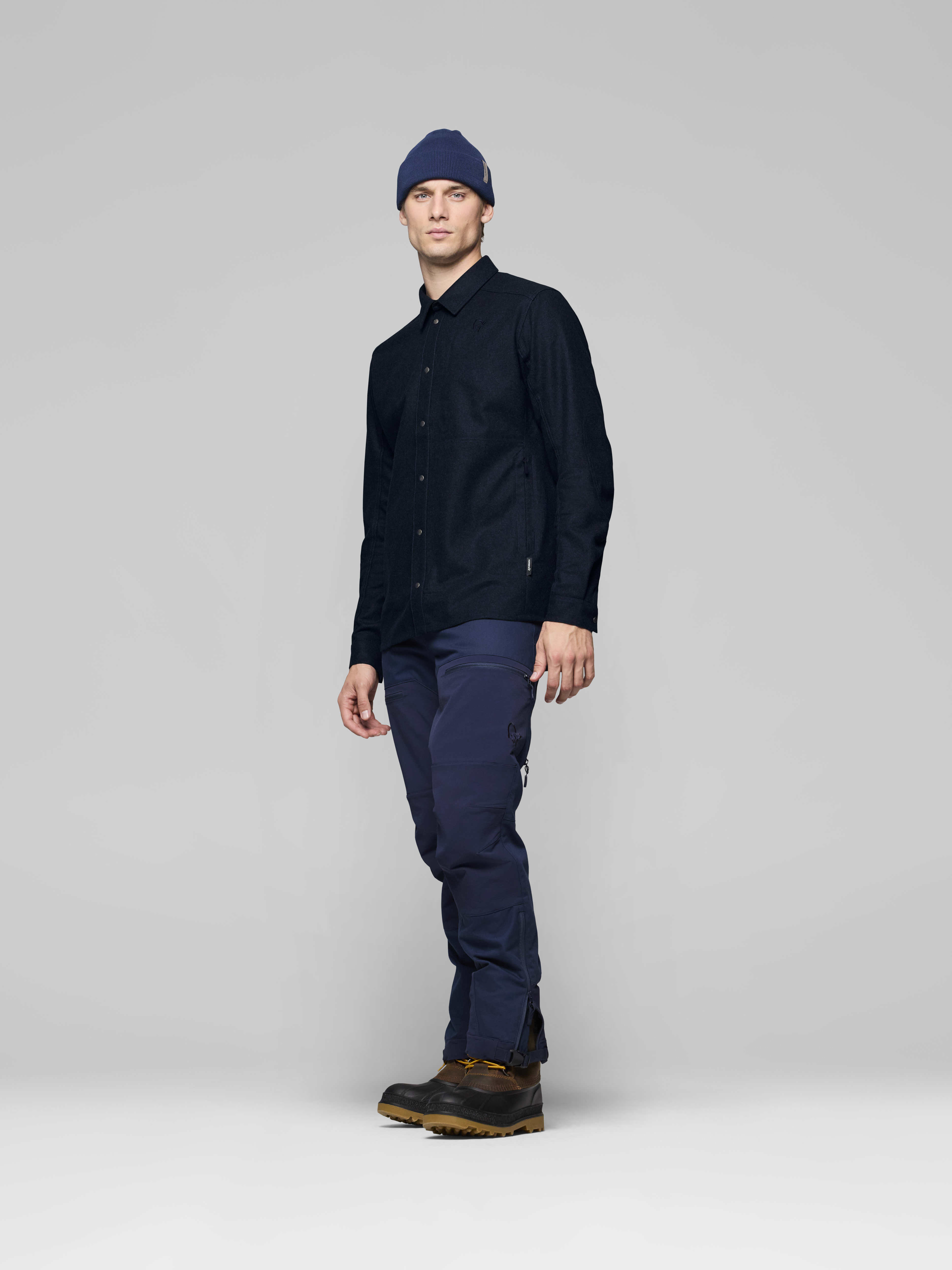 Male Look side image of femund wool plain Shirt Indigo Night