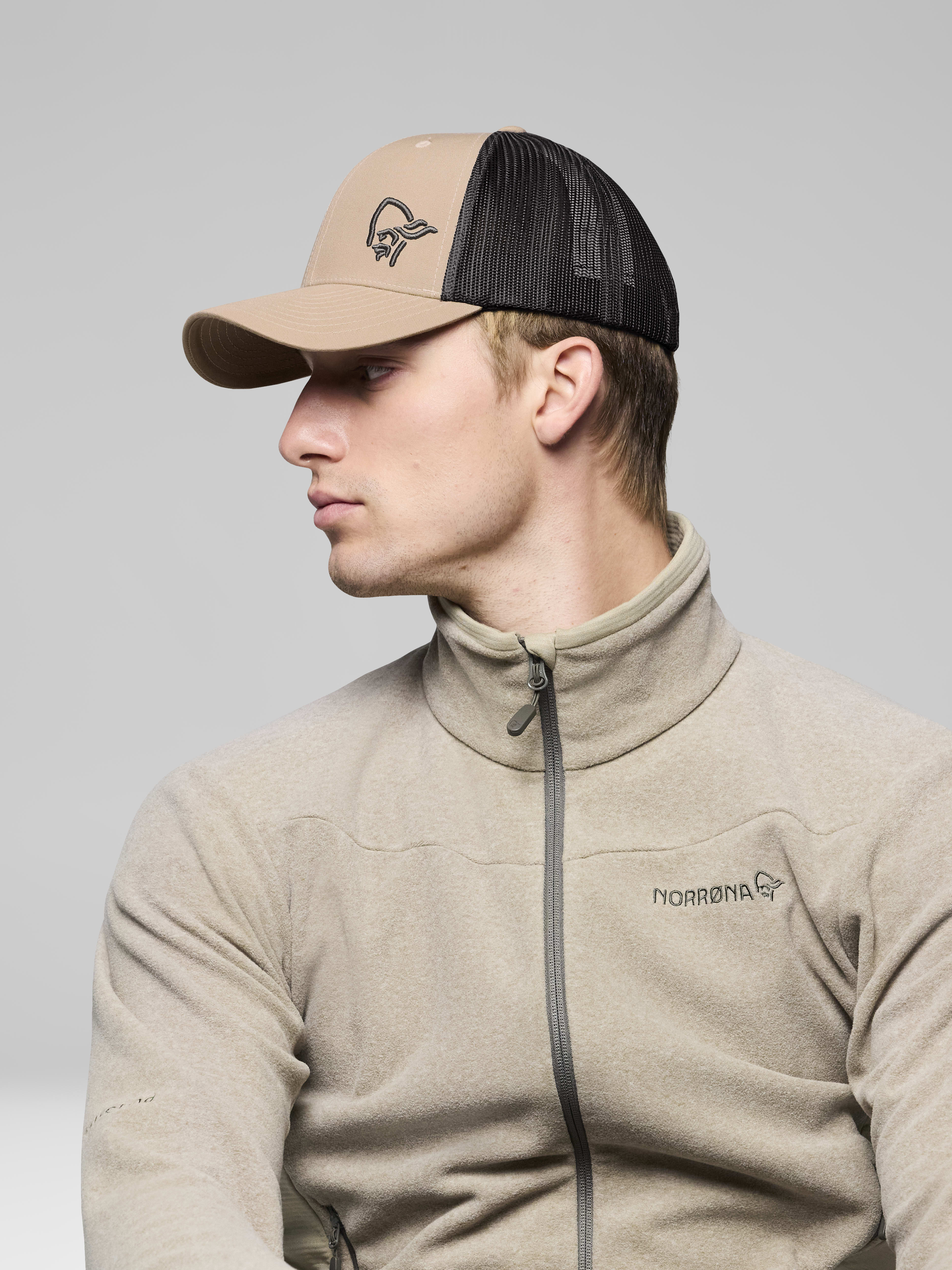 Female Look side image of 29 snap back trucker mesh Cap Oyster Gray