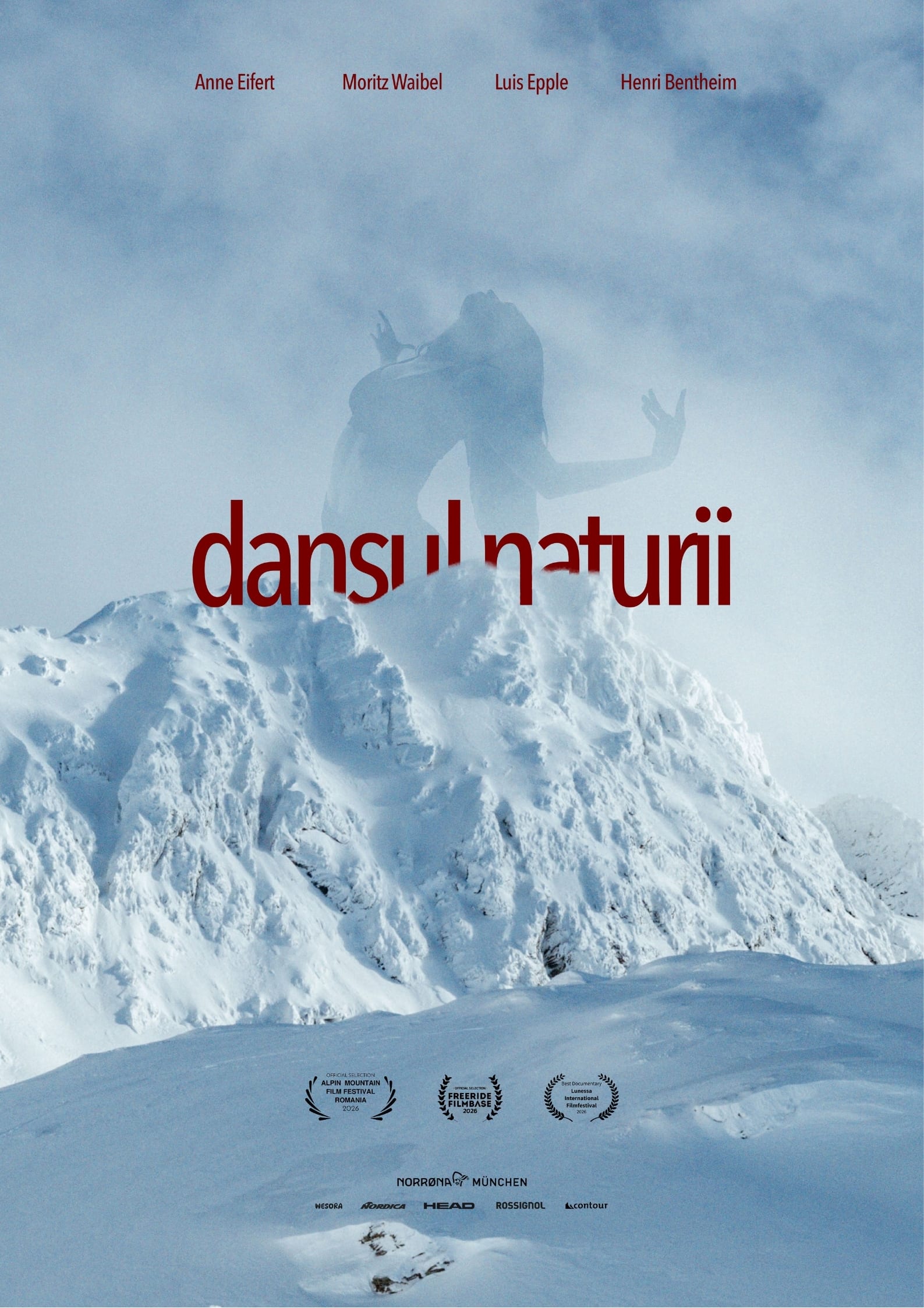 Poster for "dansul naturii" featuring a dancer's silhouette rising from a snow-covered mountain peak.
