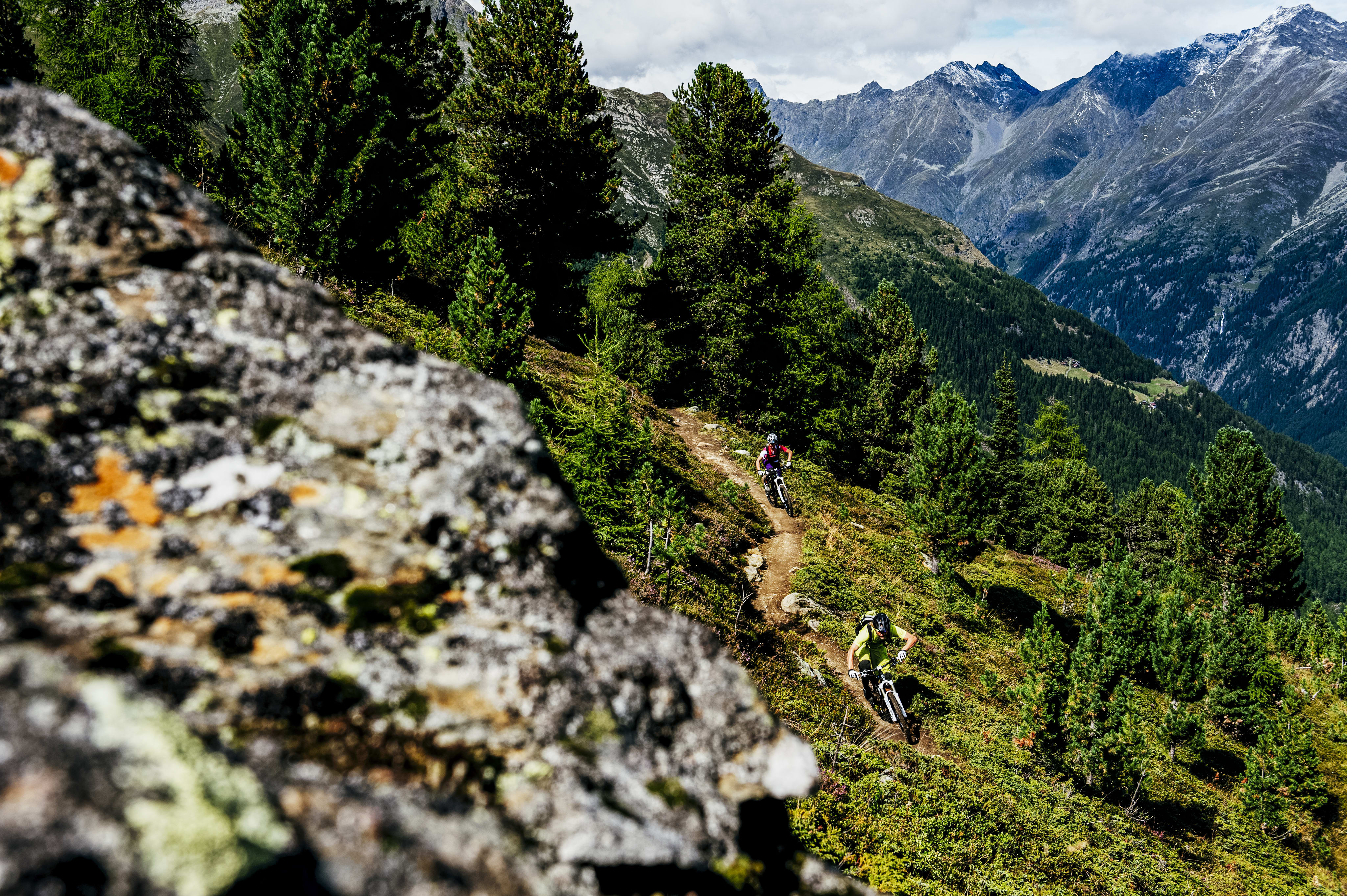Holger Meyer and Karen Eller mountain biking in Sölden, Ötztal, Austria.