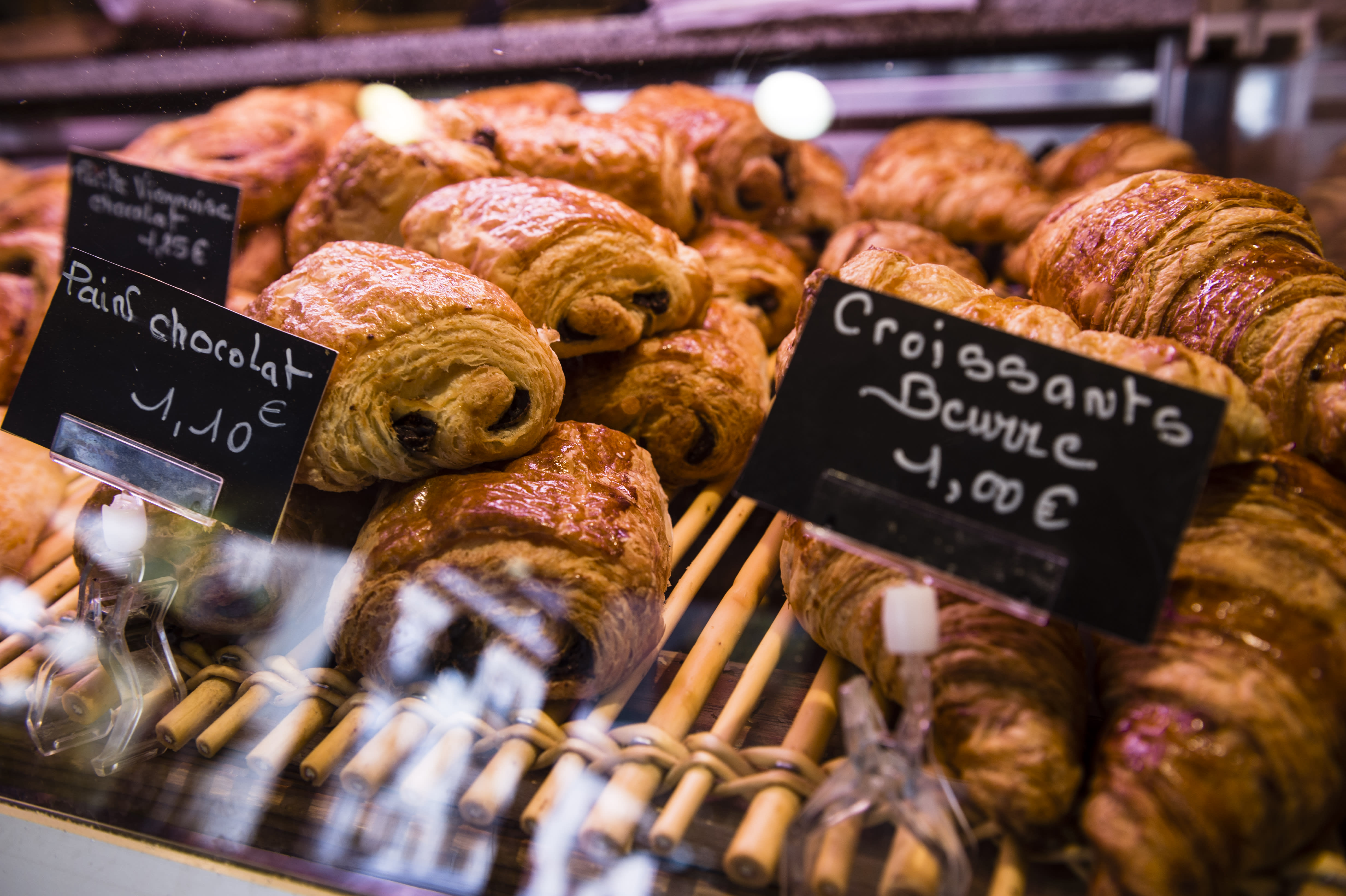Pain chocolat and croissants at Boulangerie Saint Hubert in Chamonix, France.