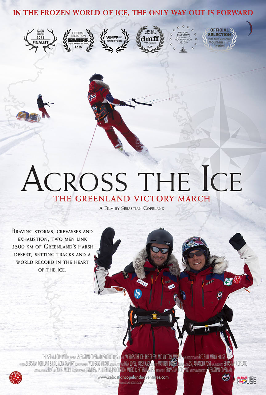 Movie poster for "Across the Ice," a film about two men crossing Greenland. Features skiers in Norrøna gear and a snowy landscape.