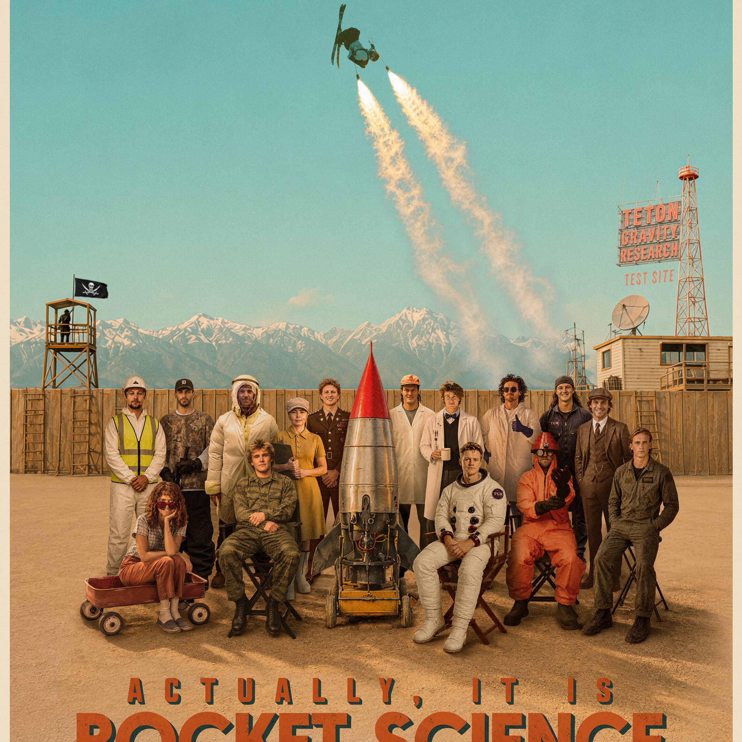 Movie poster for 'Actually, It Is Rocket Science' with a cast in Norrøna clothing and a rocket-propelled skier.