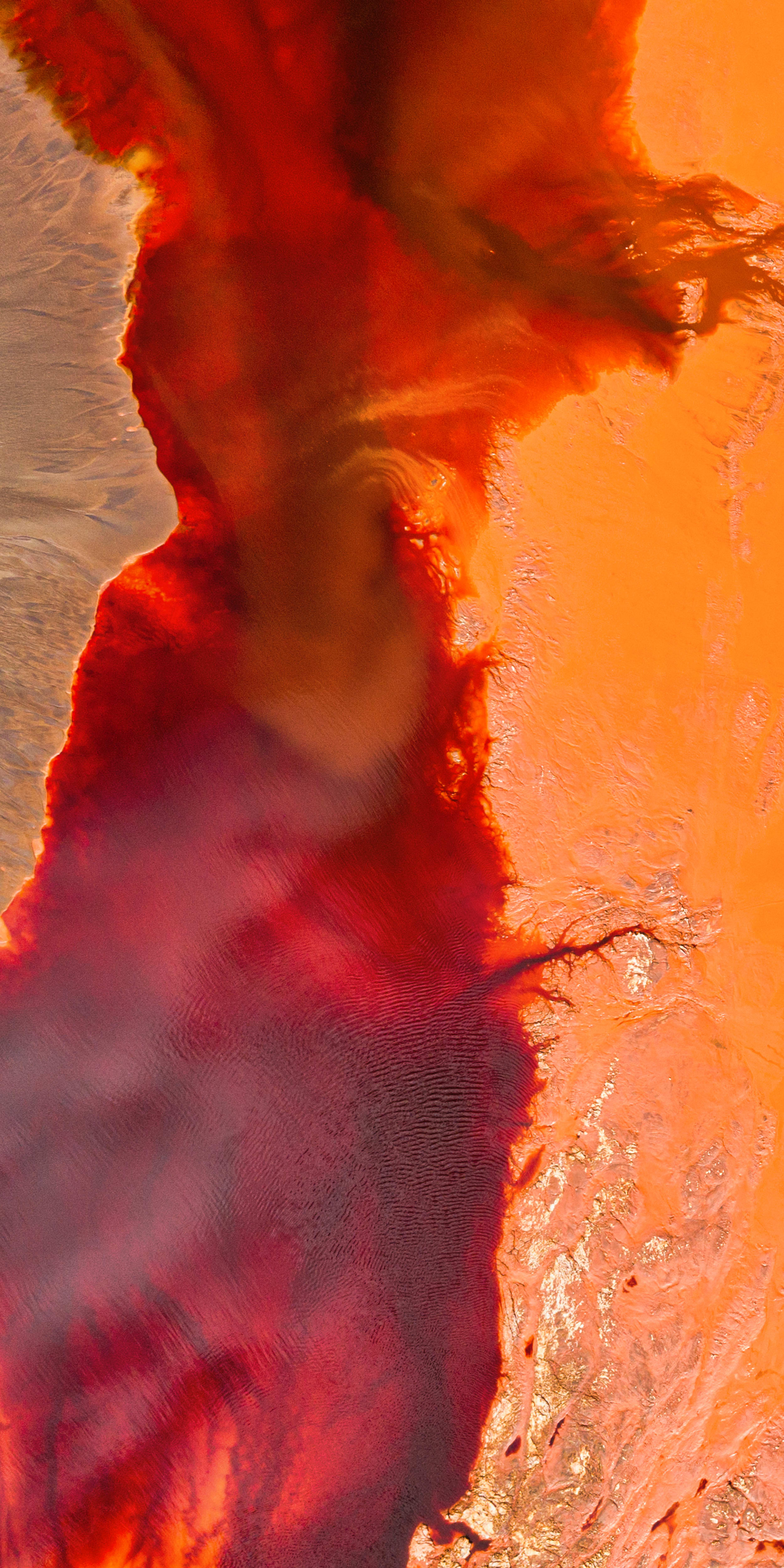 Abstract image of orange and red paint with a flowing, marbled design.