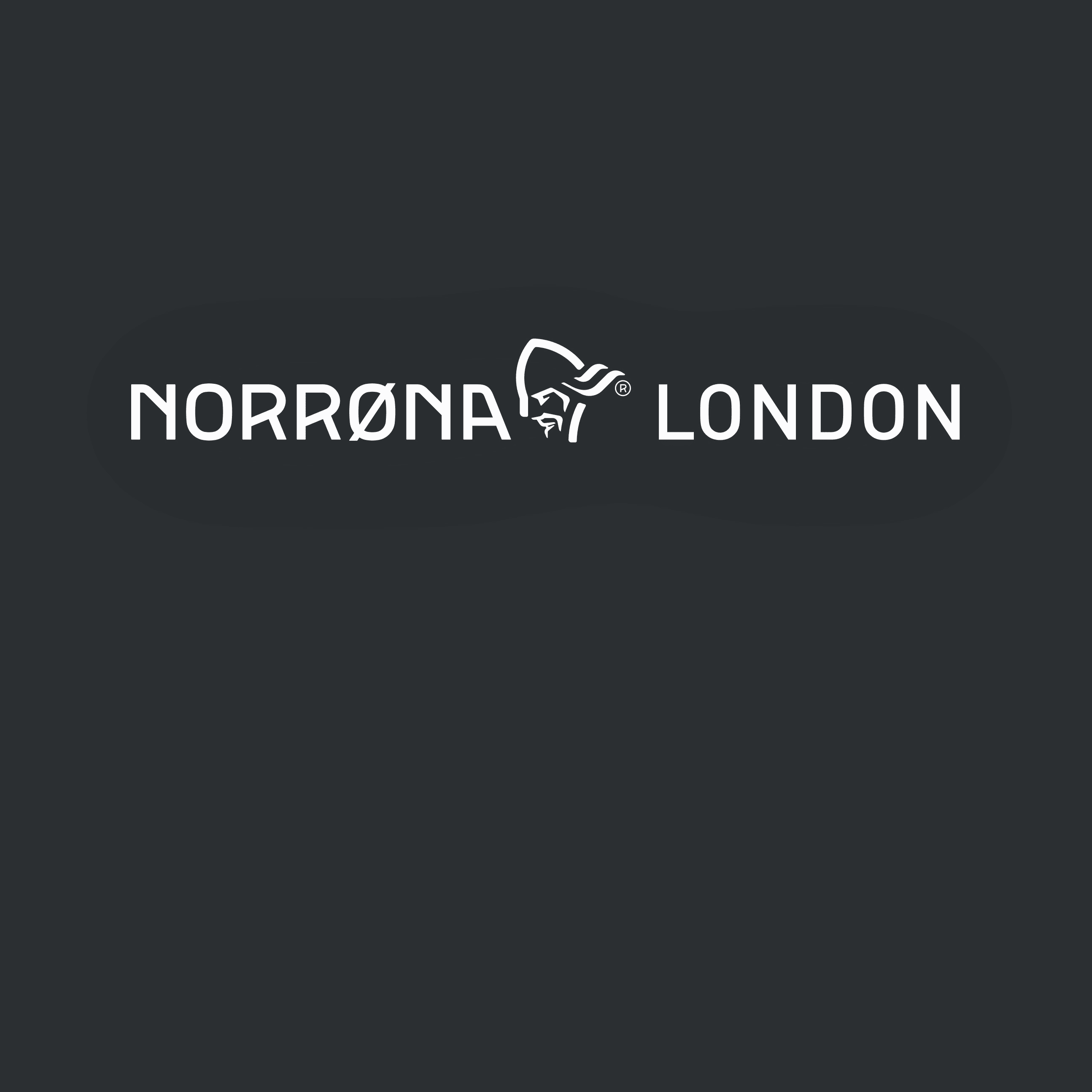 The image shows the Norrøna London logo. It's white text and a stylized Viking head on a dark gray background.