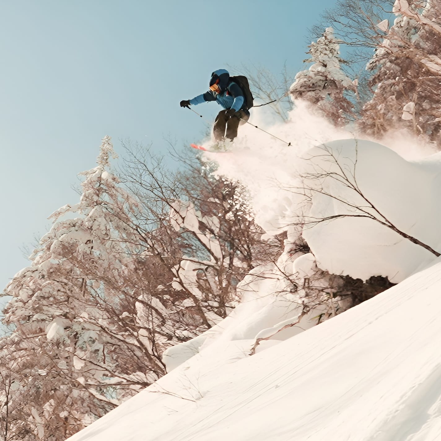 A skier wearing Norrøna outerwear carves through deep powder in a snowy mountain forest under a bright sky.