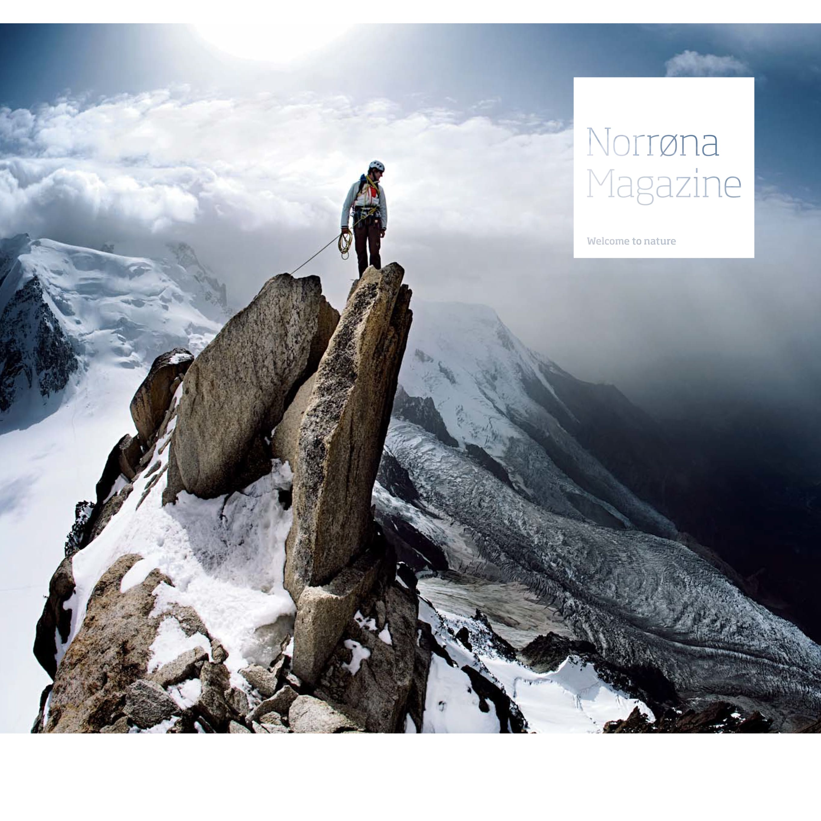 Magazine cover: Climber wearing Norrøna gear stands on a snowy peak with mountains in the background. "Norrøna Magazine" text overlay.
