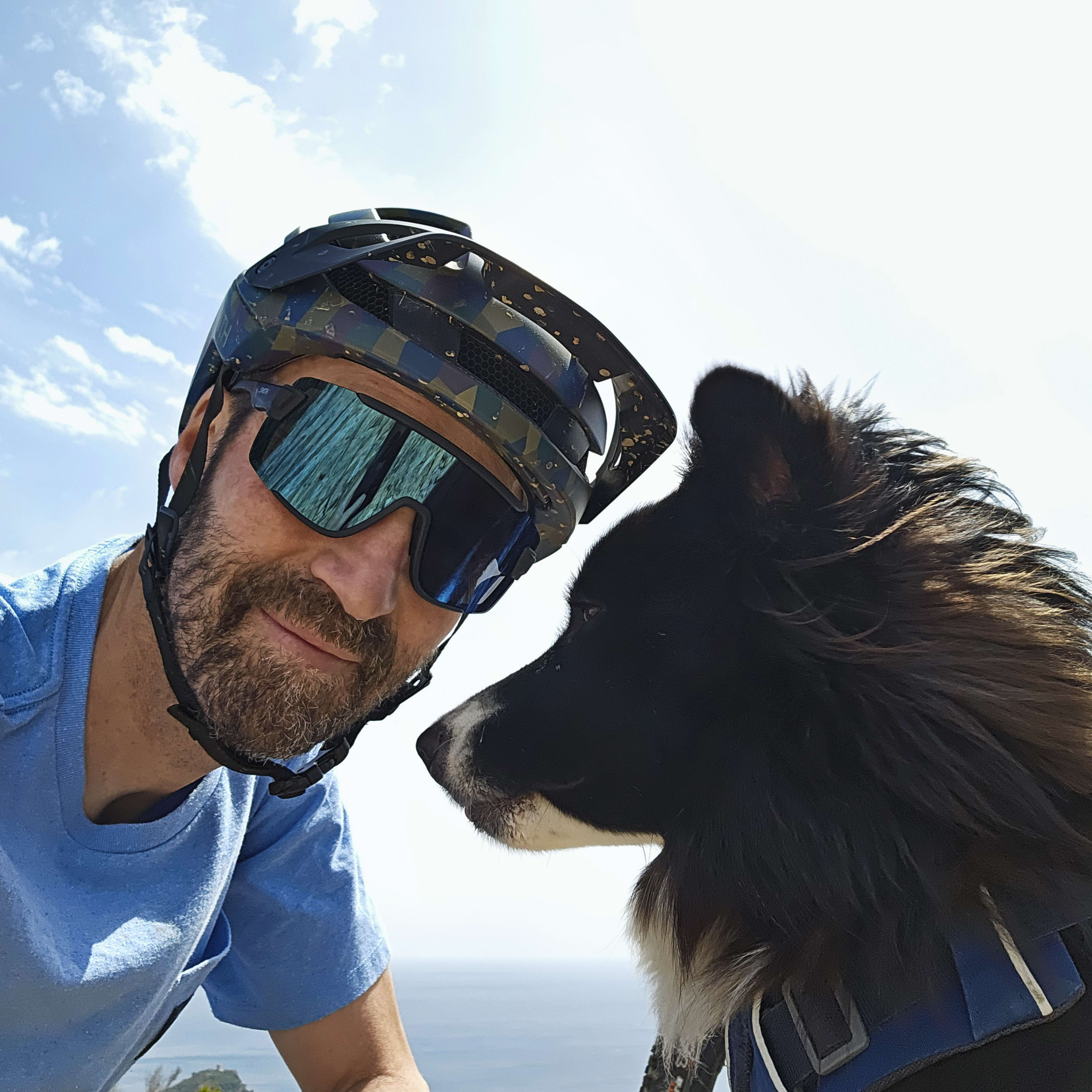 A man wearing a Norrøna helmet and sunglasses is looking at a black and white dog. The dog is wearing a blue harness. The man is wearing a blue shirt.