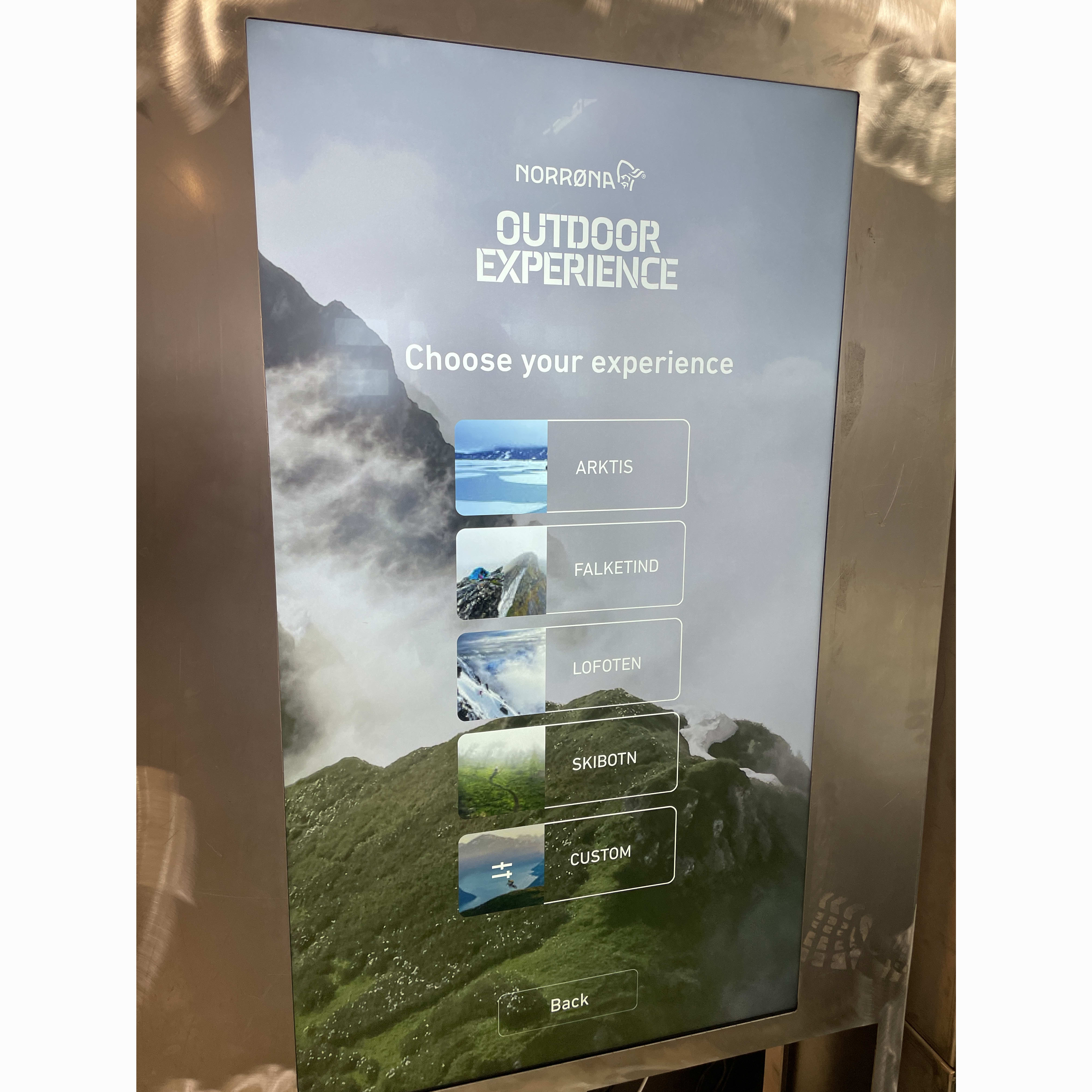 Norrøna logo with the text "Outdoor Experience" and a button that says "Choose your experience". Below are five buttons, each with a Norrøna product name, and an image. One button says "Back".