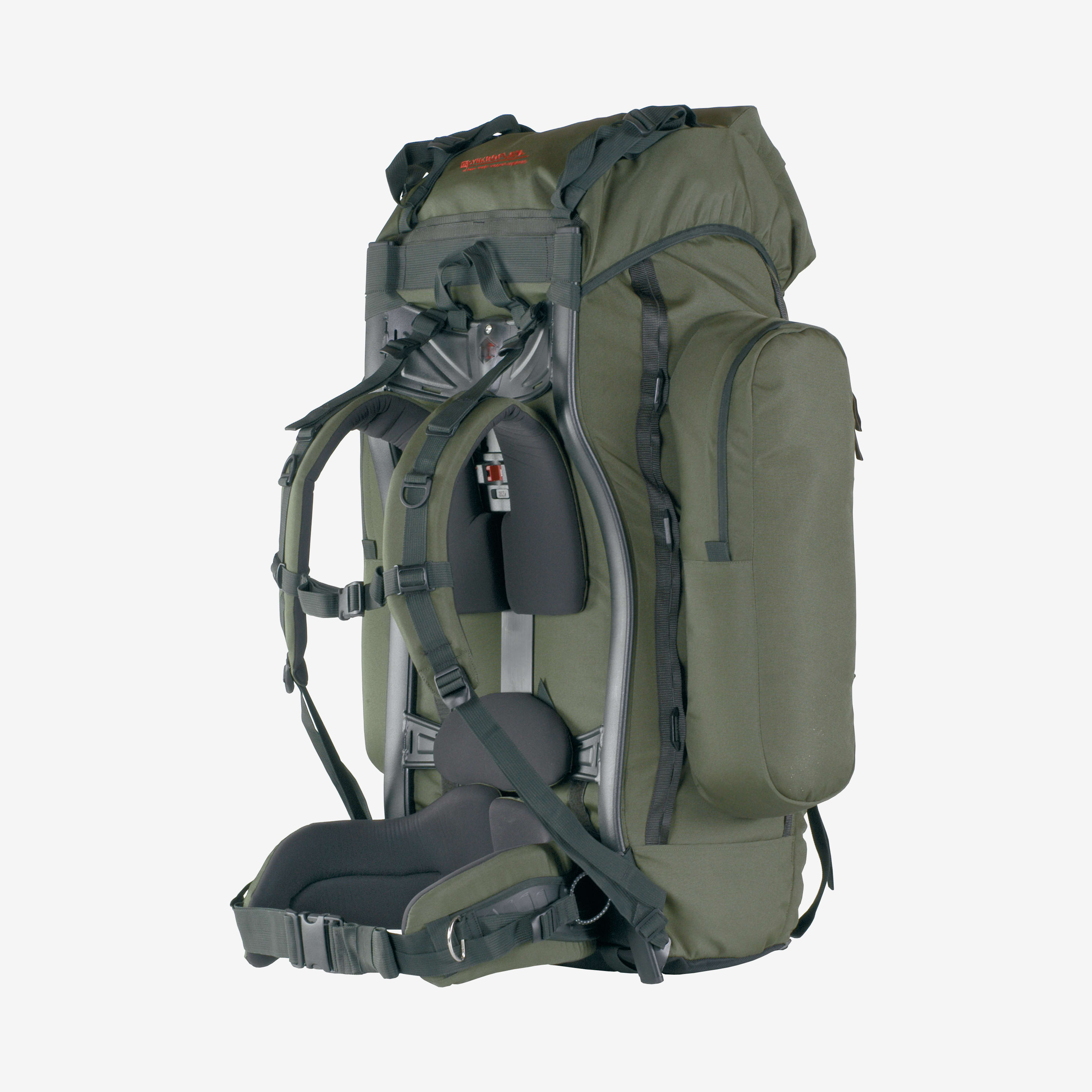 A green Norrøna backpack with a visible frame and adjustable straps.