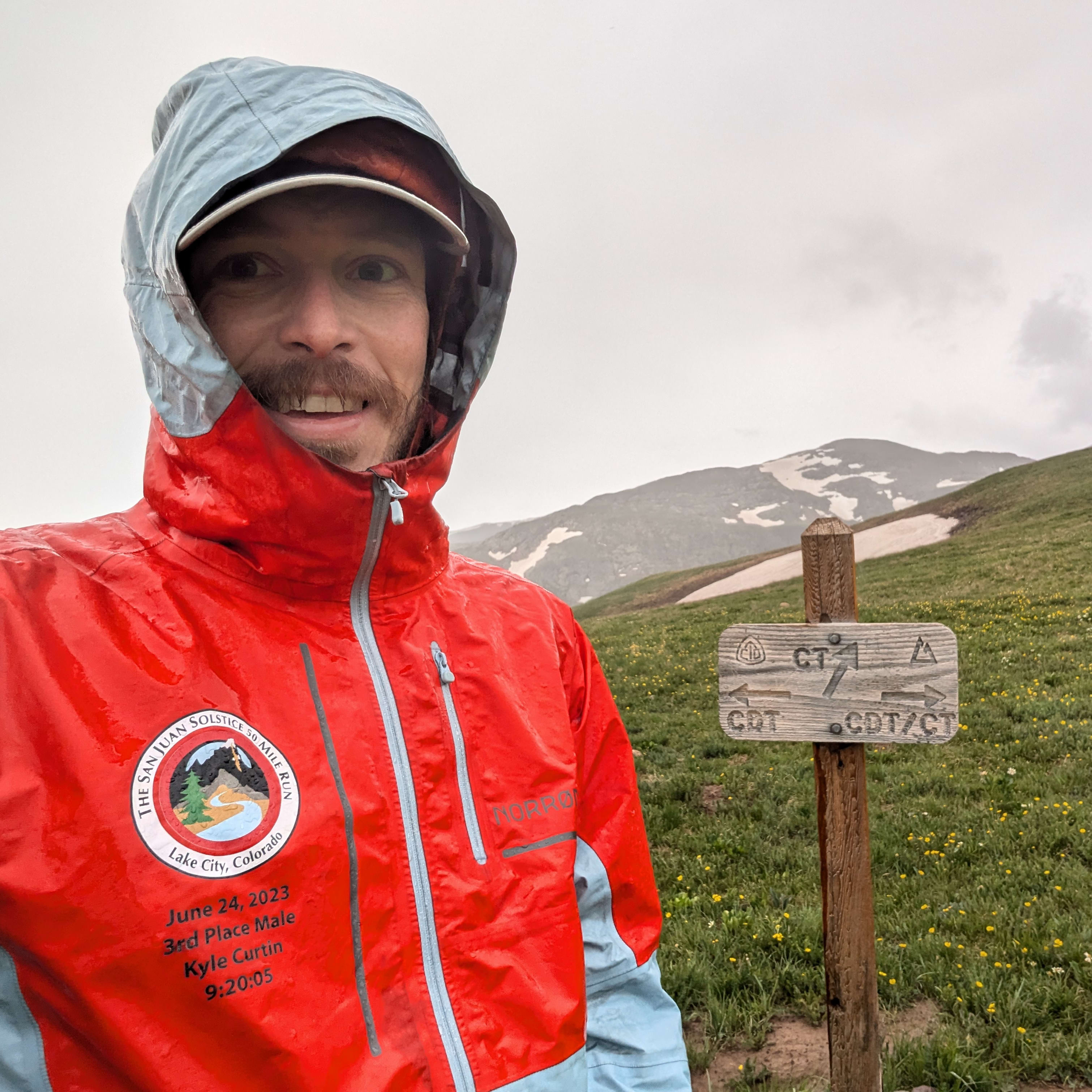 A man wearing a Norrøna jacket and a hat smiles in front of a trail sign in a field. The sign points in multiple directions.