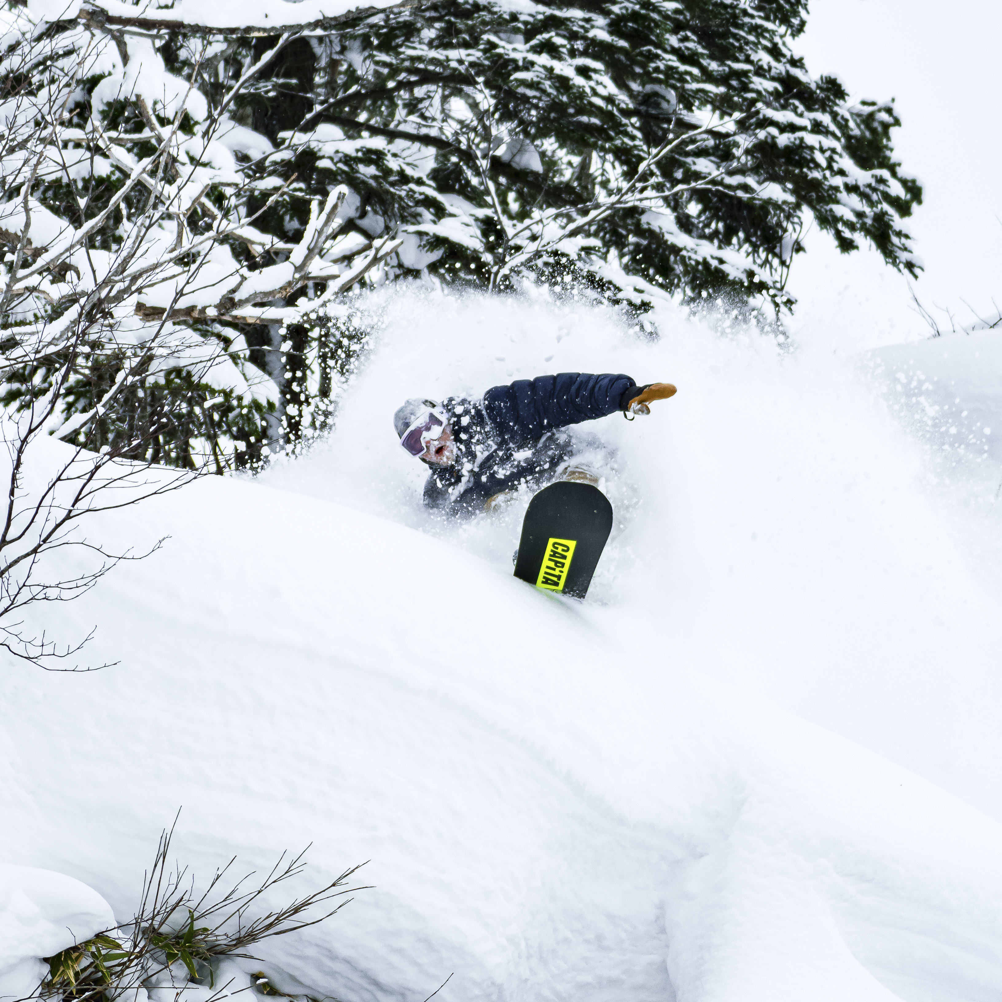 A snowboarder is buried in fresh powder, with a "CAPITA" sticker on their snowboard.