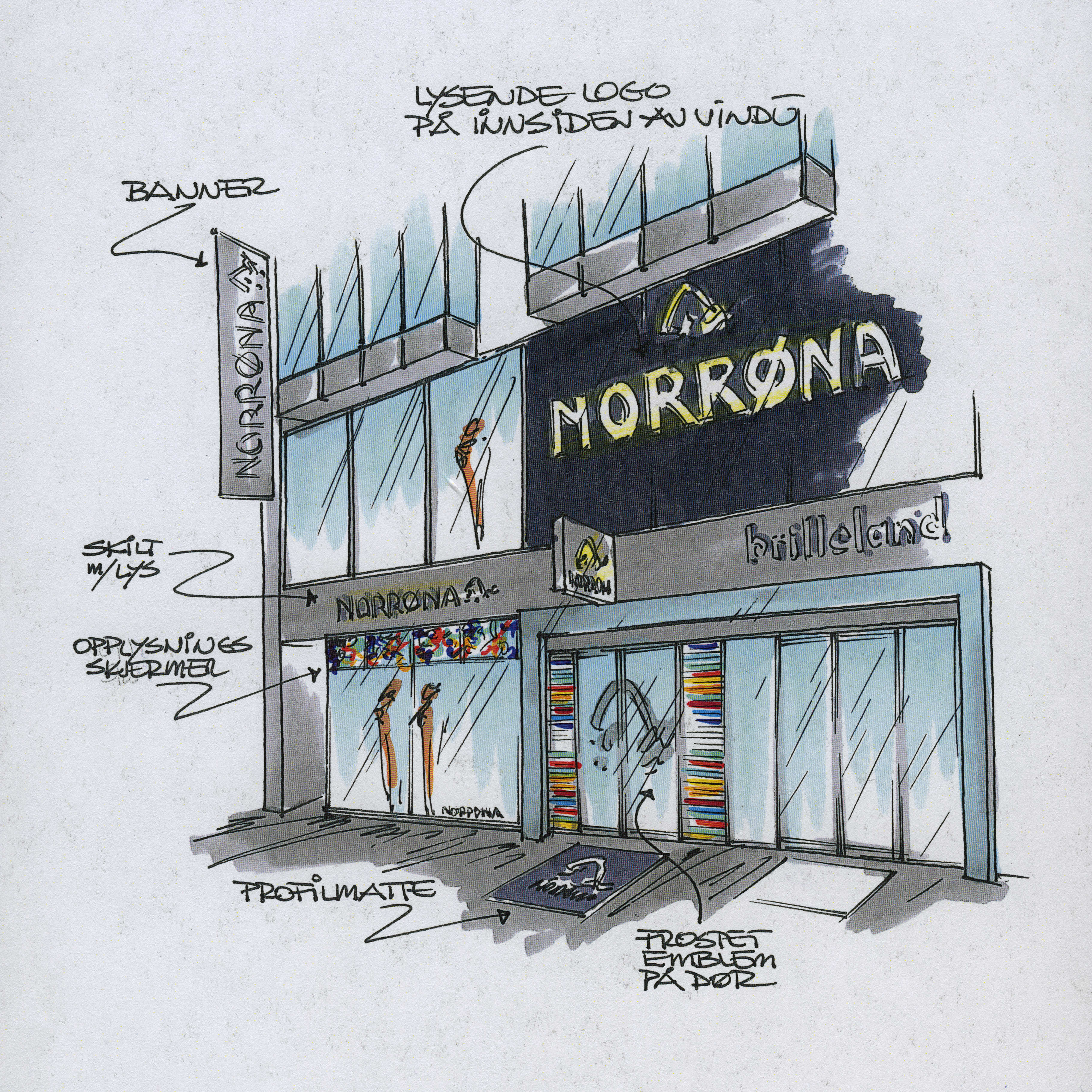 Sketch of a Norrøna store front with large windows displaying apparel and a prominent Norrøna logo. Storefront also reads "Brilleland."