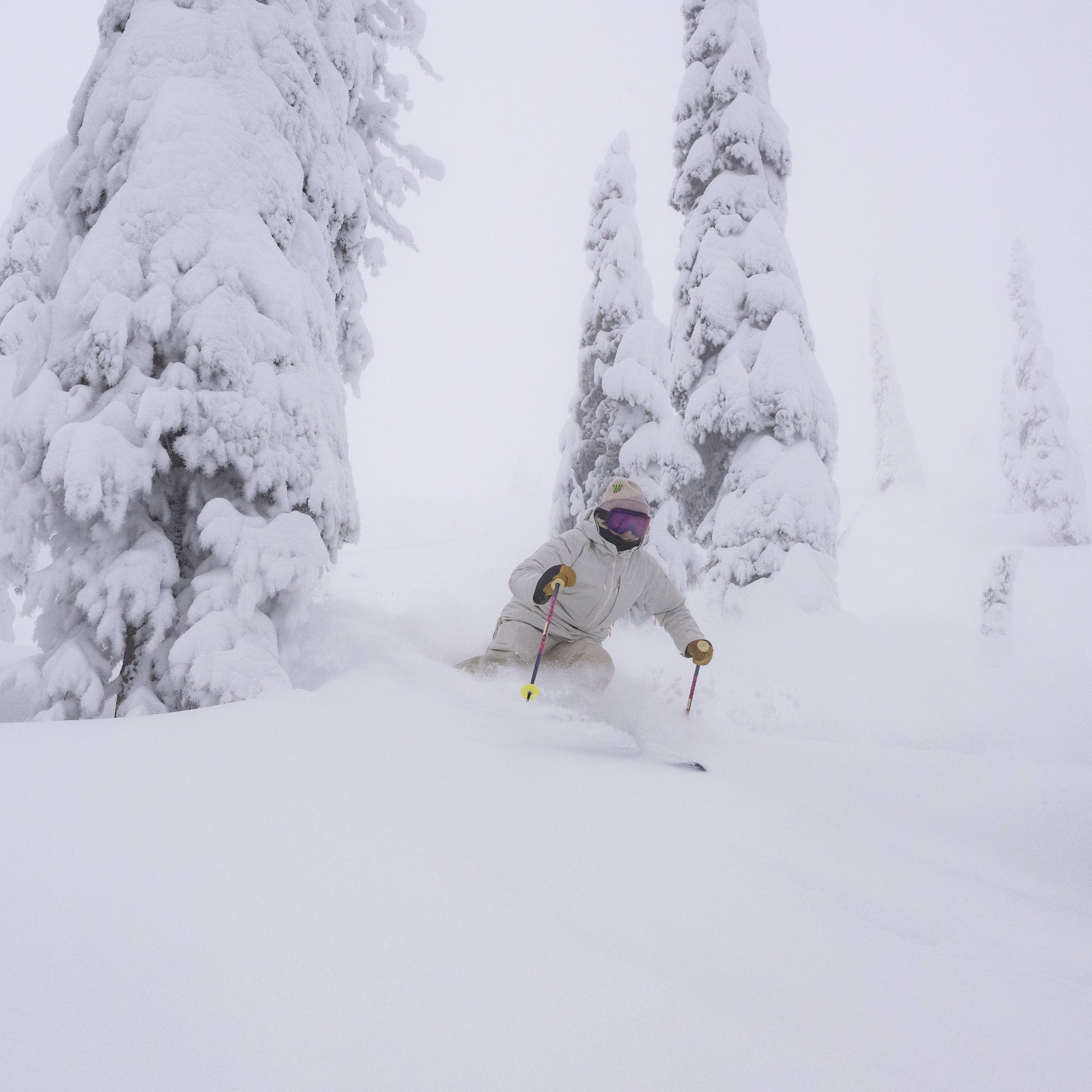 A skier in a Norrøna jacket skis through a snowy forest, leaving a trail of powder.