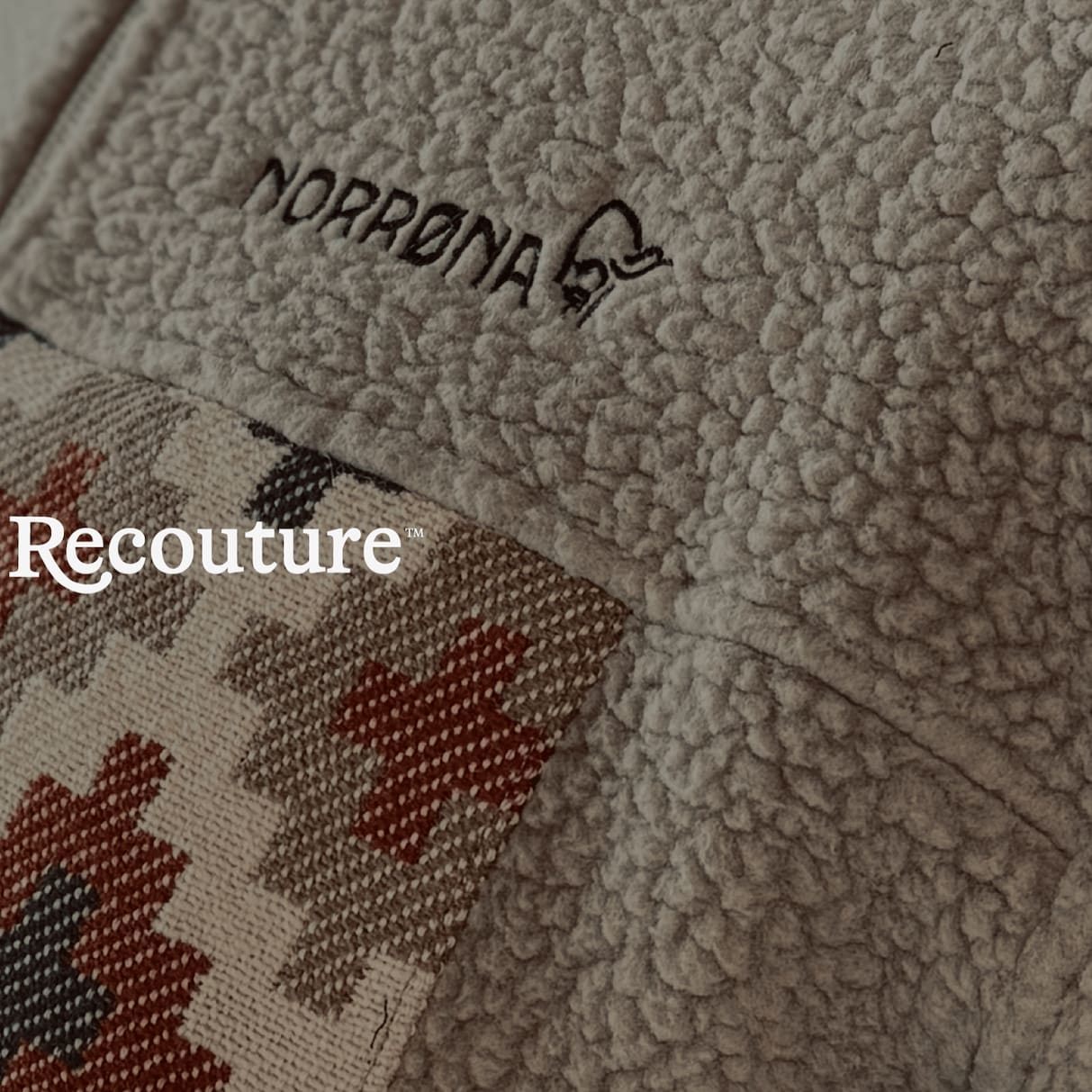 Close up of a textured Norrøna fleece jacket with a patterned zip pocket. The Norrøna and Recouture logos are superimposed.