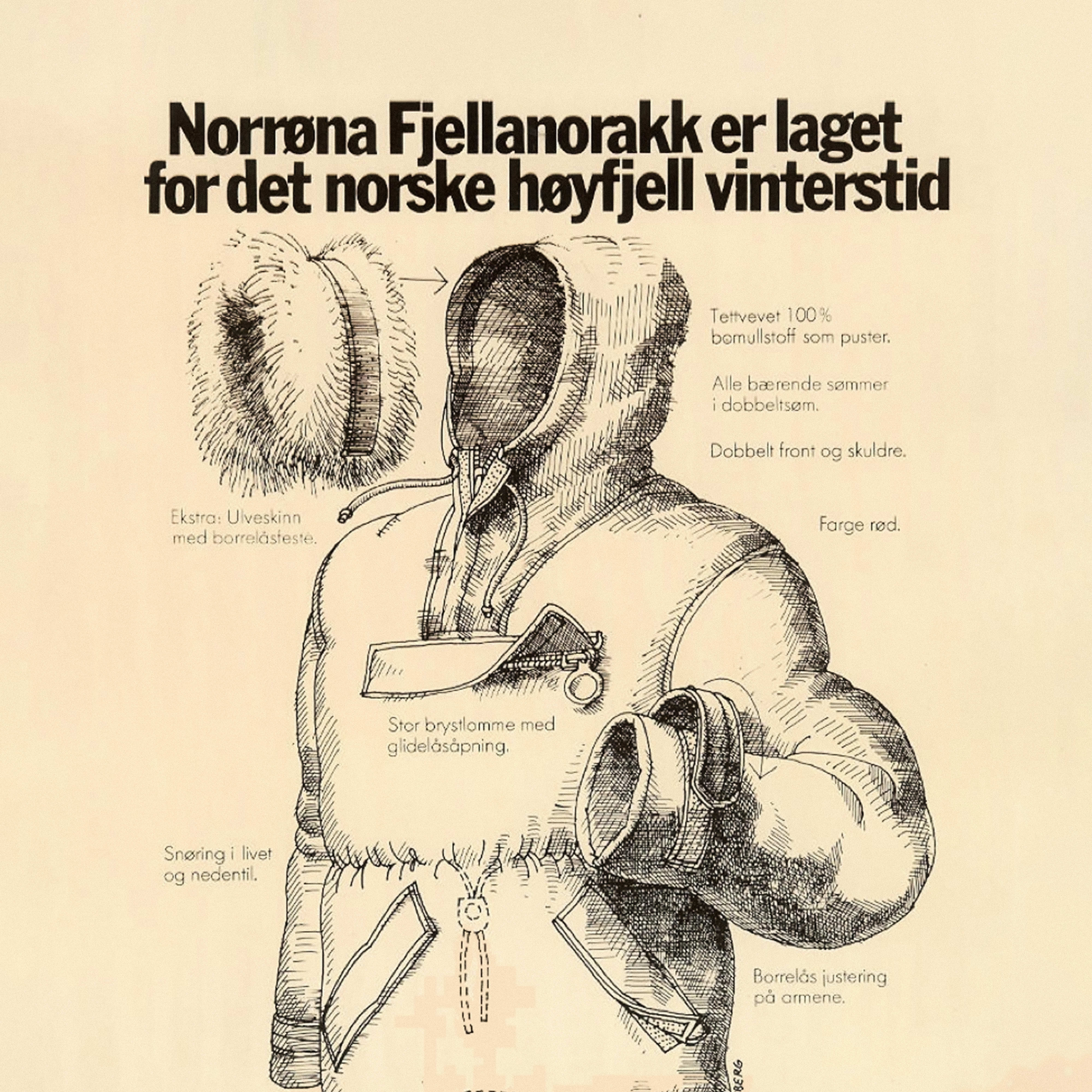 Illustration of a Norrøna Fjellanorakk winter jacket featuring a large hood, zip pocket, and adjustable cuffs. The jacket has a wolf fur trim and is made with a 100% cotton canvas.