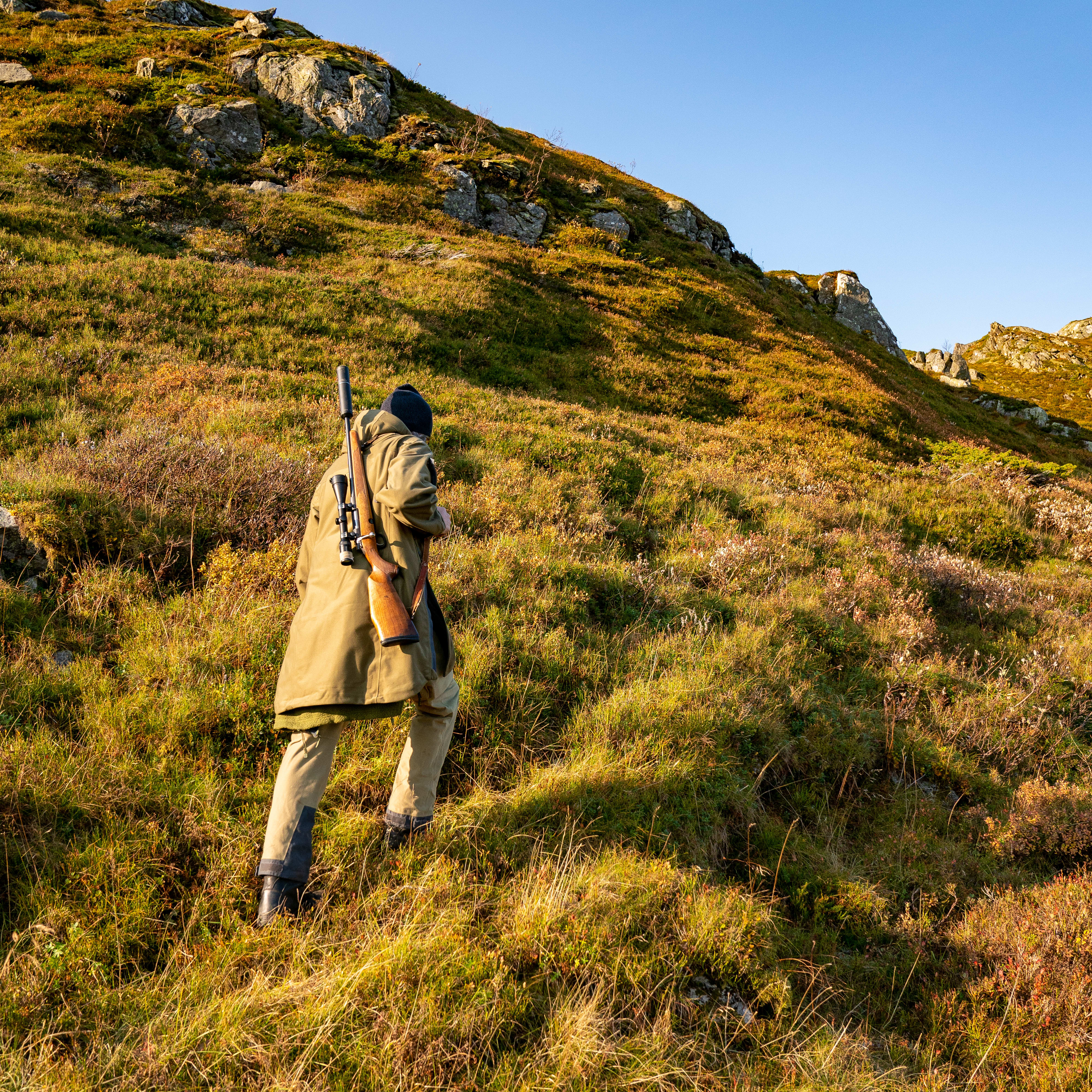 A person wearing a Norrøna jacket walks up a grassy hillside with a rifle slung over their shoulder. 
