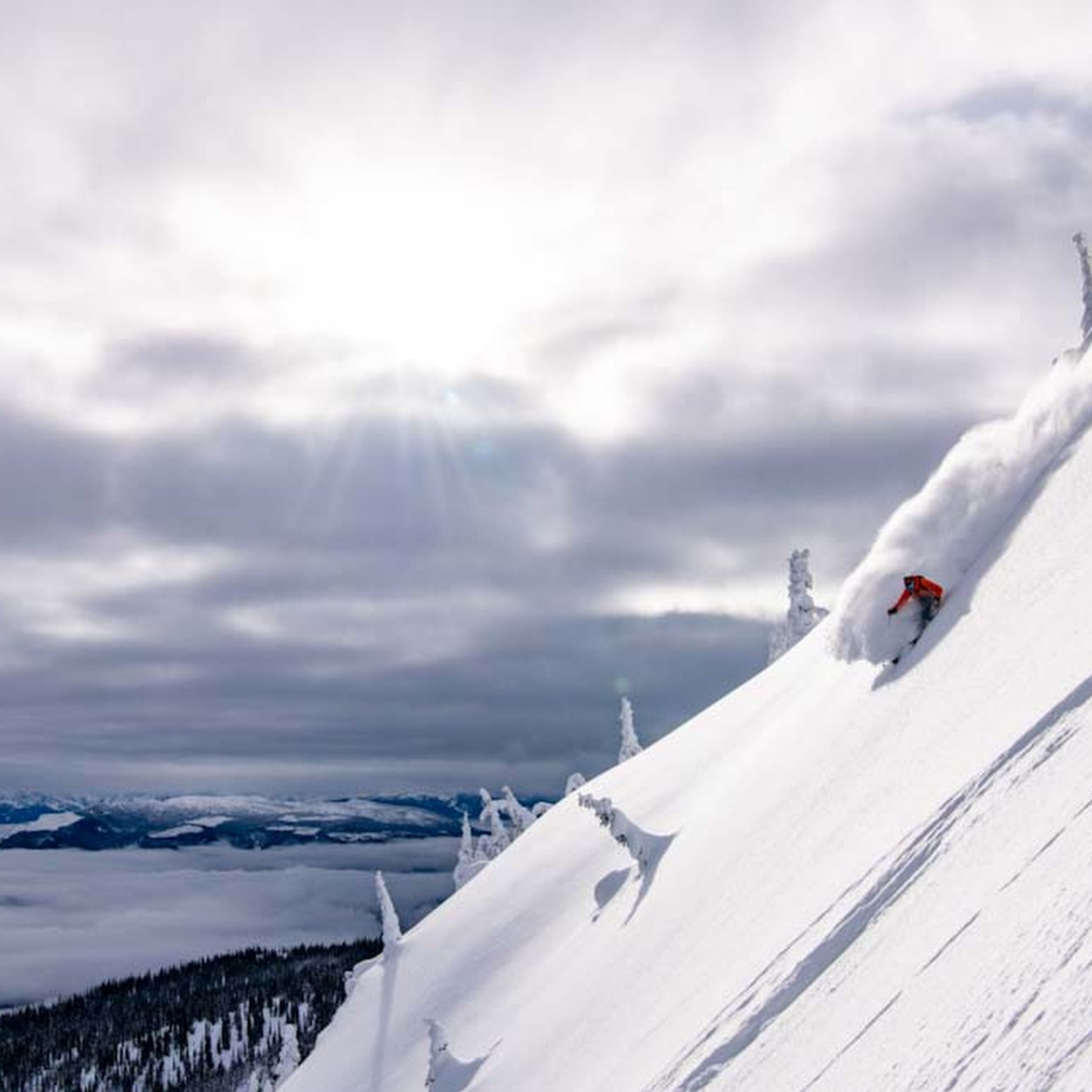 A skier in a red Norrøna jacket descends a snowy mountain slope under a cloudy sky. Trees and distant mountains are visible.