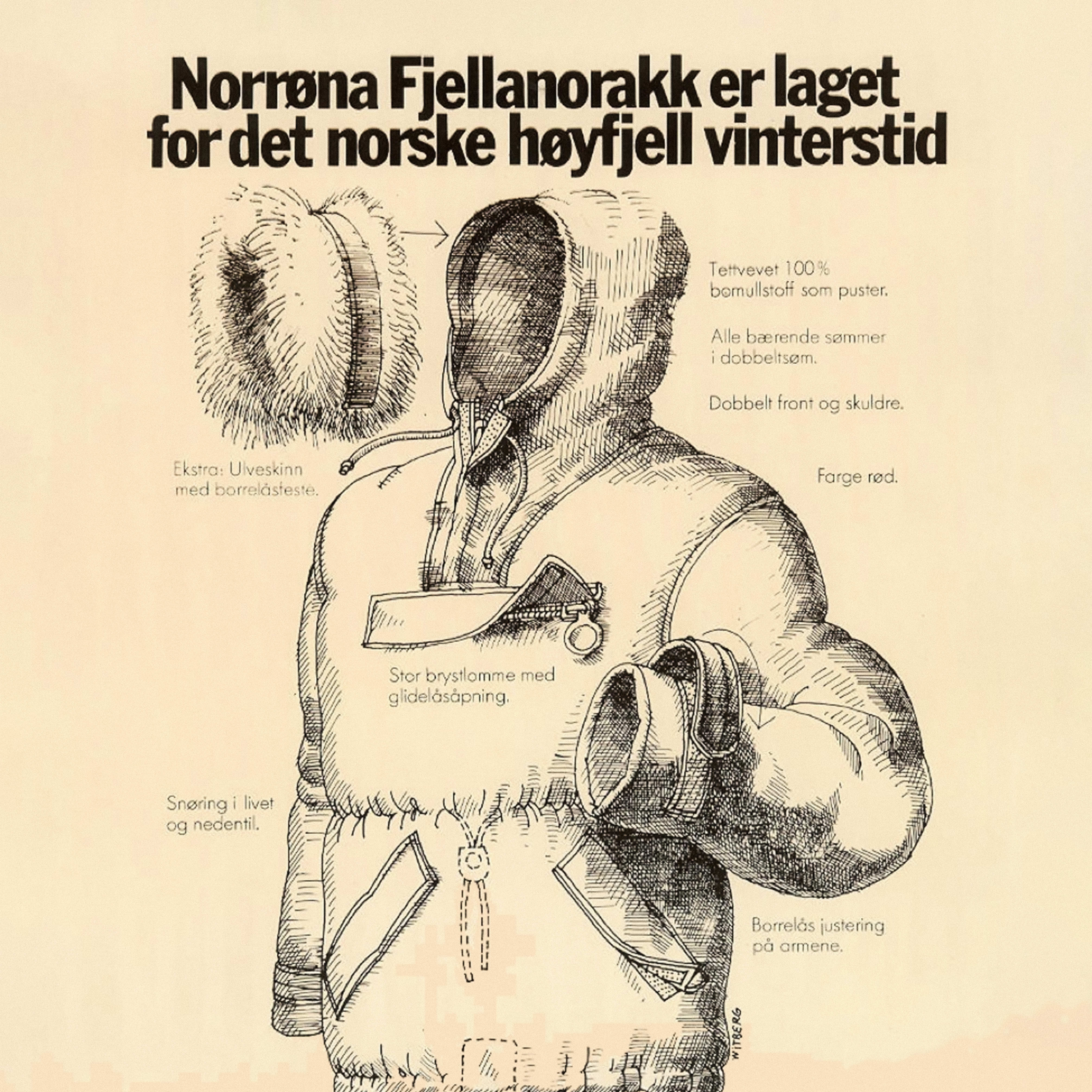 A line drawing of a winter jacket with multiple features called out in Norwegian. The jacket has a hood, a large chest pocket, and a zipper. The text around the jacket describes the jacket's features.