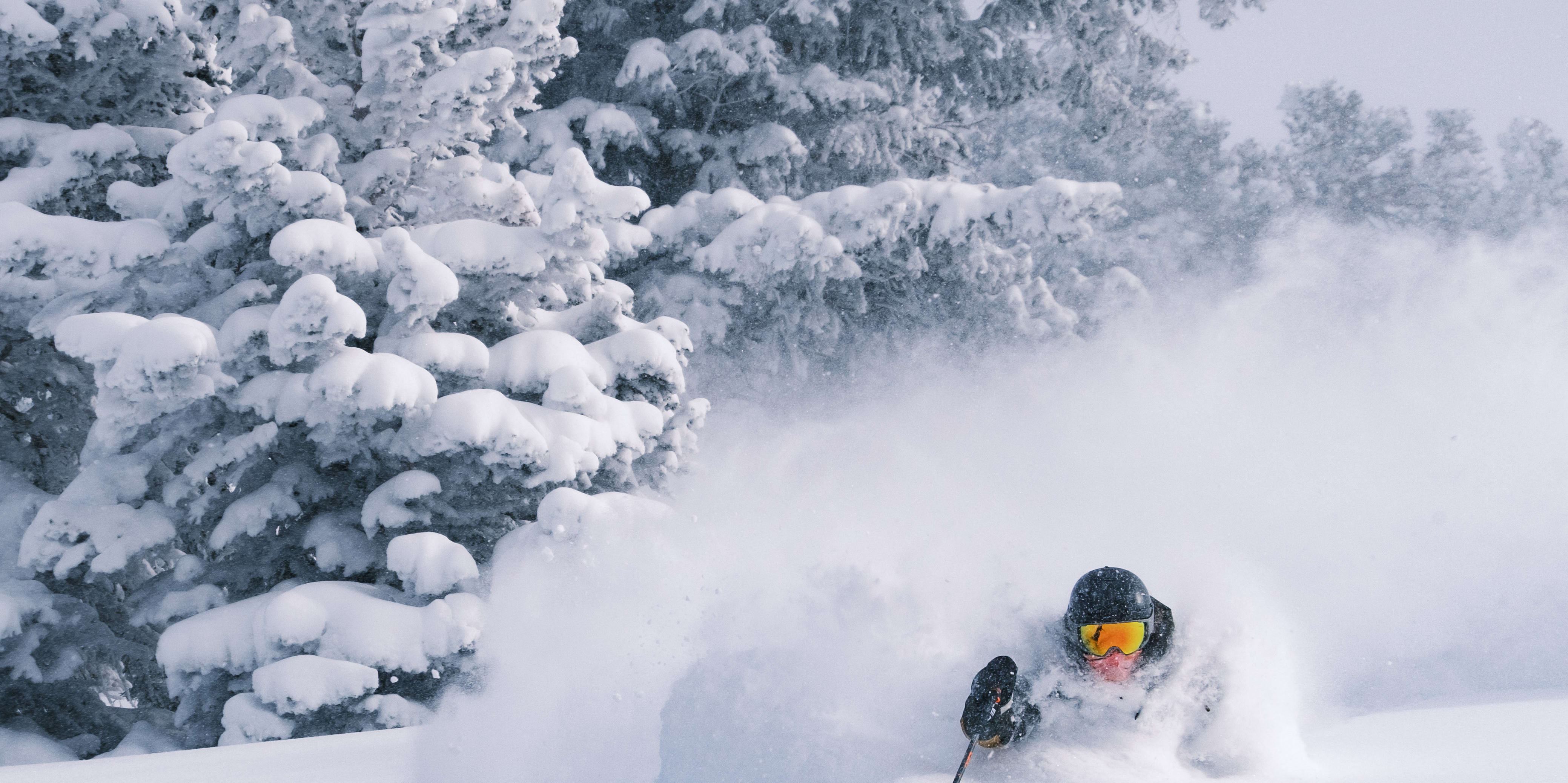 A skier in a Norrøna jacket, wearing a helmet and goggles, skis through deep powder snow in a snowy forest. 
