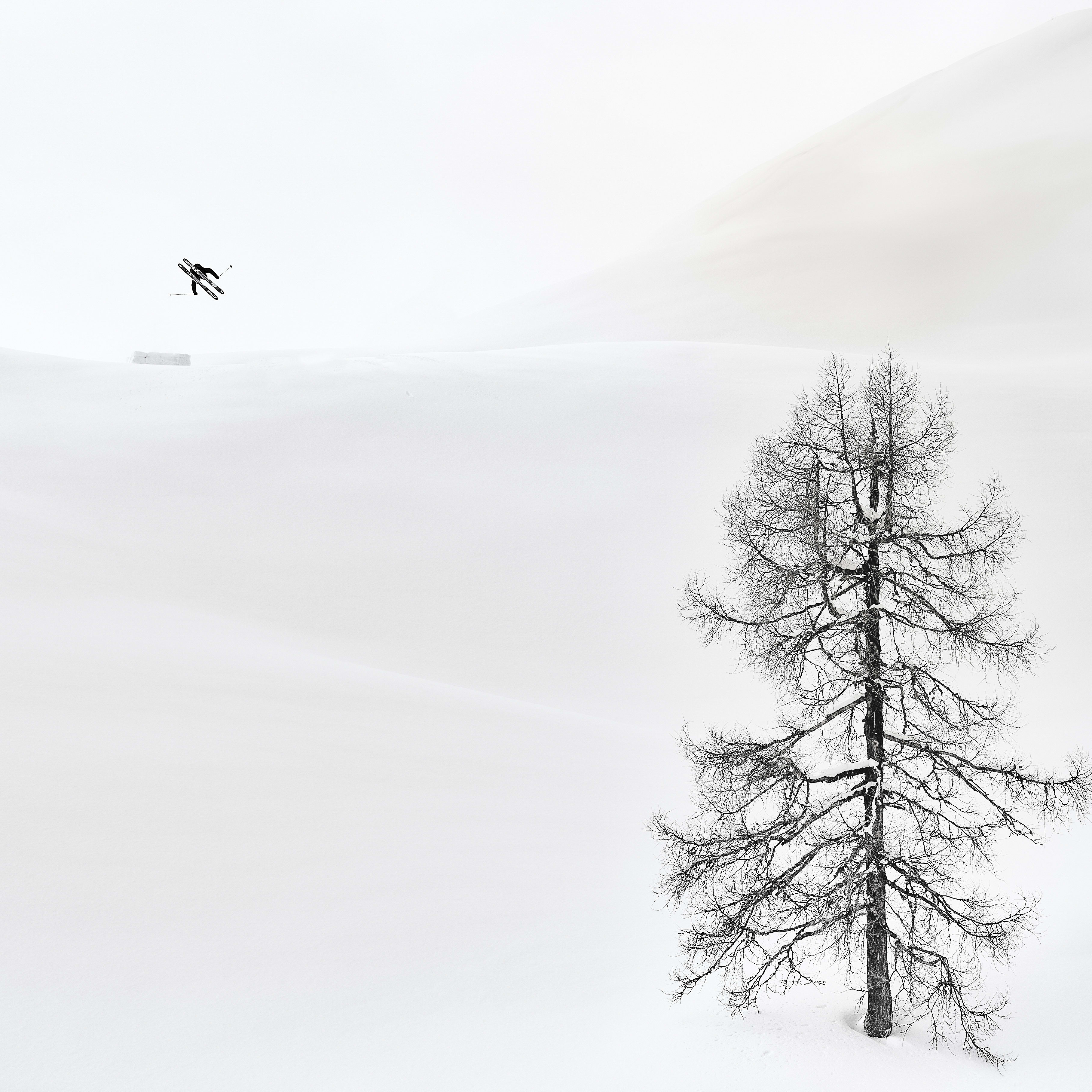 A skier, wearing a Norrøna jacket, jumps over a snowy hill with a lone tree in the background. 
