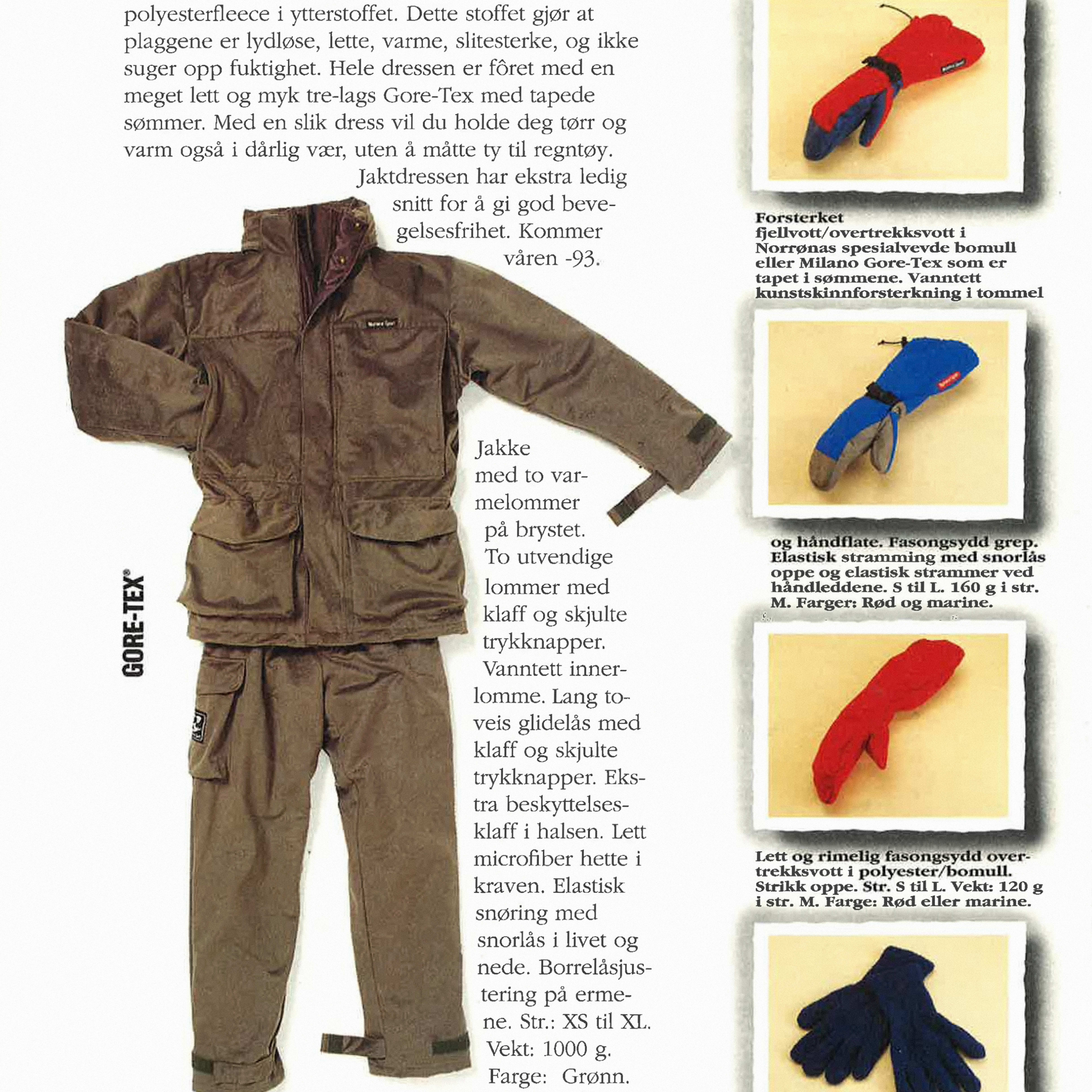 Catalog page showing a Norrøna Finsskogen hunting suit and gloves. The suit is green and has multiple pockets. Gloves come in red, blue, or green.