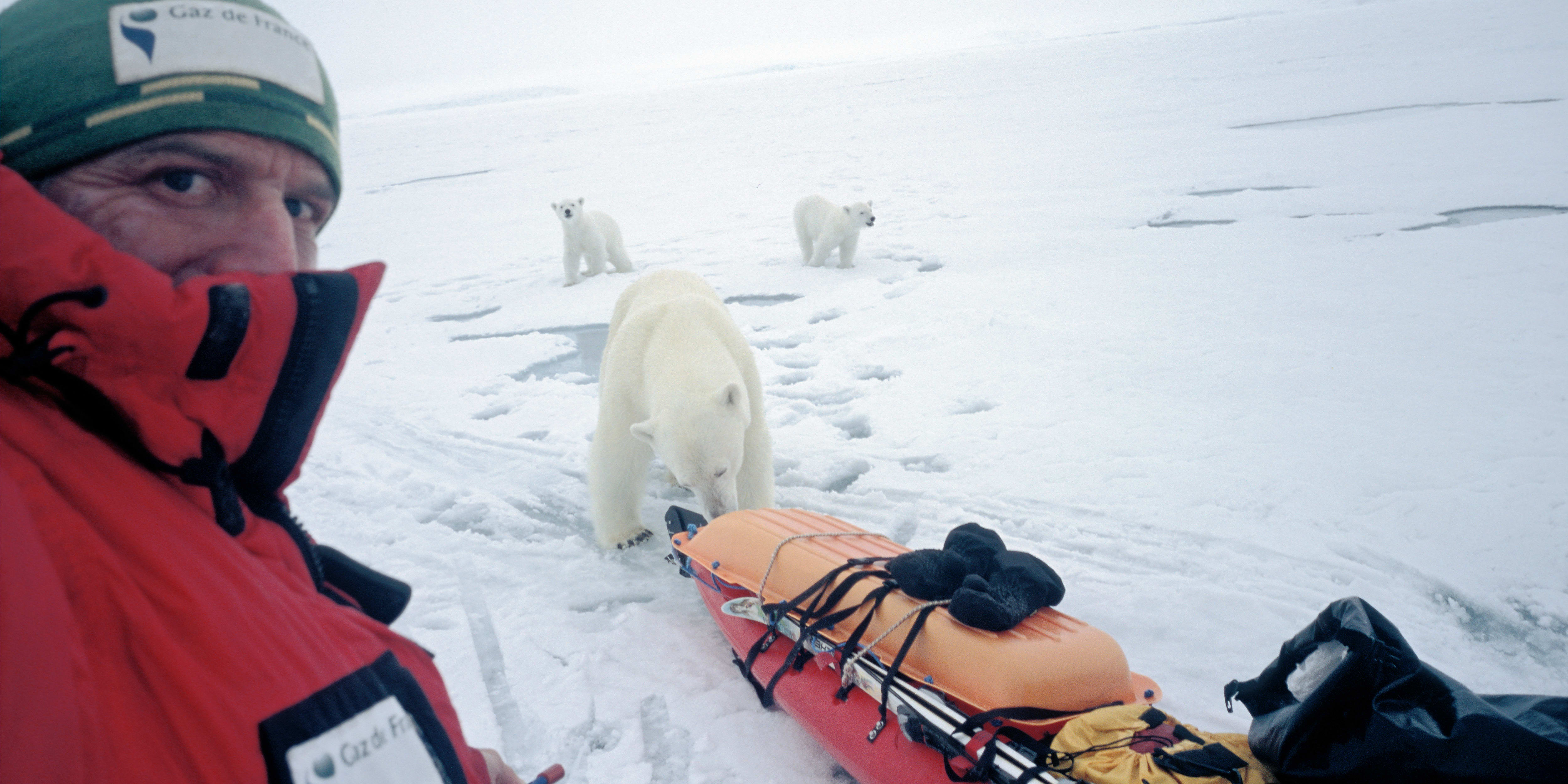 Thomas Ulrich's Begegnung mit einer Eisbären-Familie. Thomas Ulrich und Børge Ousland erreichen  Franz Josef Land vom Nordpol aus zu Fuss.
Von 86.16° Nord folgten sie der historischen Route von Fridtjof Nansen und Hjalmar Johansen durch die Inselgruppe bis ans Kap Flora.