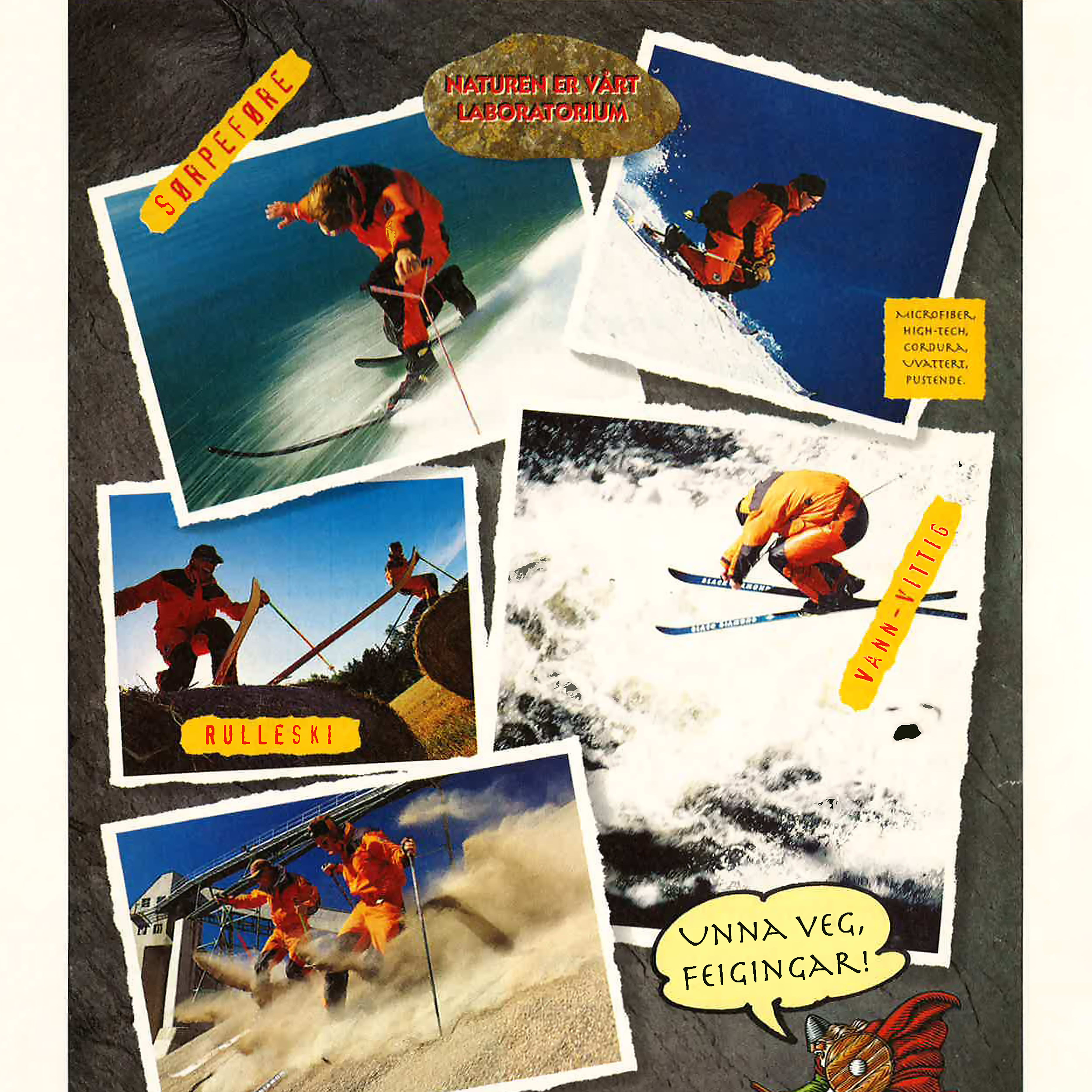 A vintage Norrøna ad featuring skiers and roller-skiers in orange Norrøna suits doing extreme sports, framed with text and a cartoon viking logo.