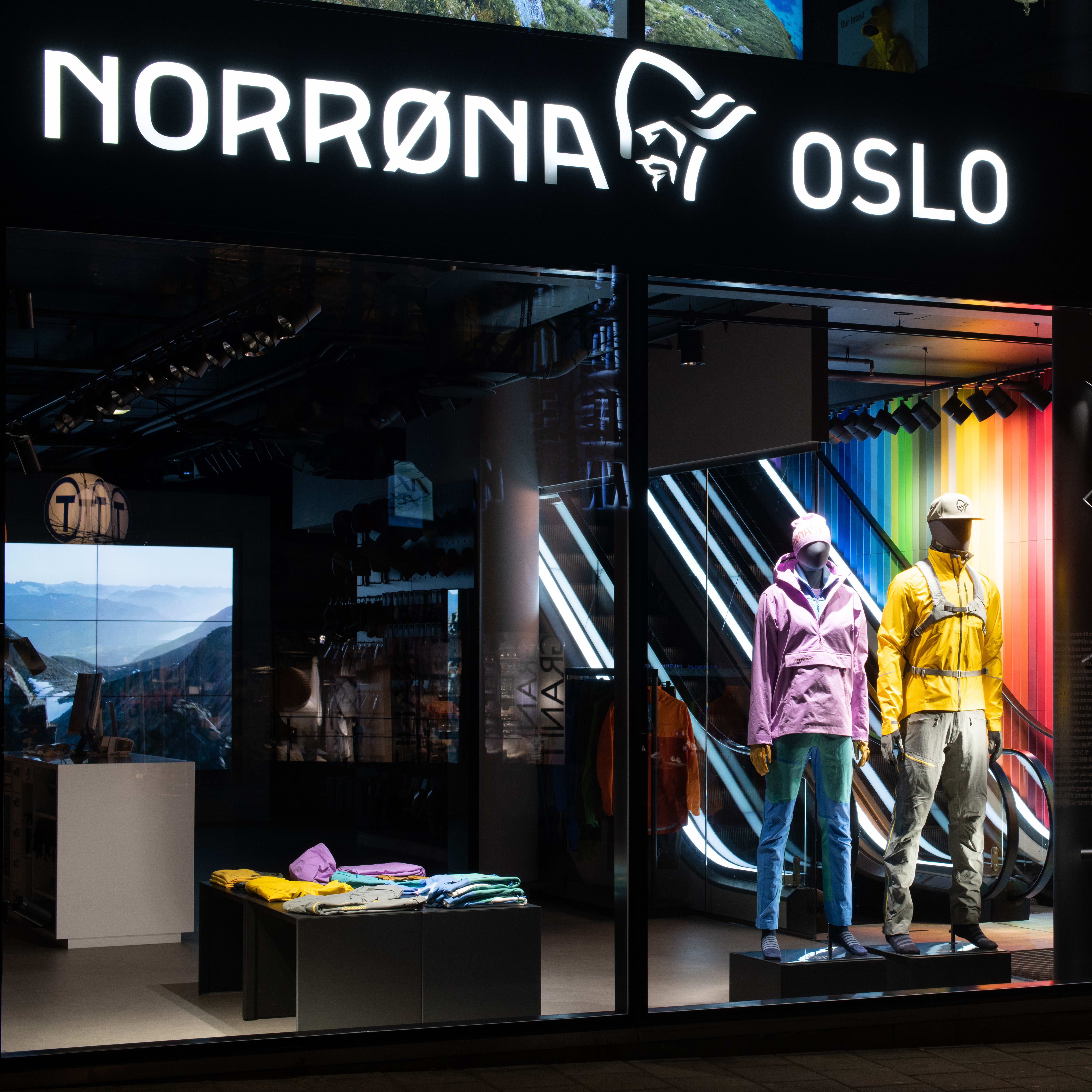 Norrøna Oslo storefront featuring mannequins in colorful Norrøna outdoor clothing.