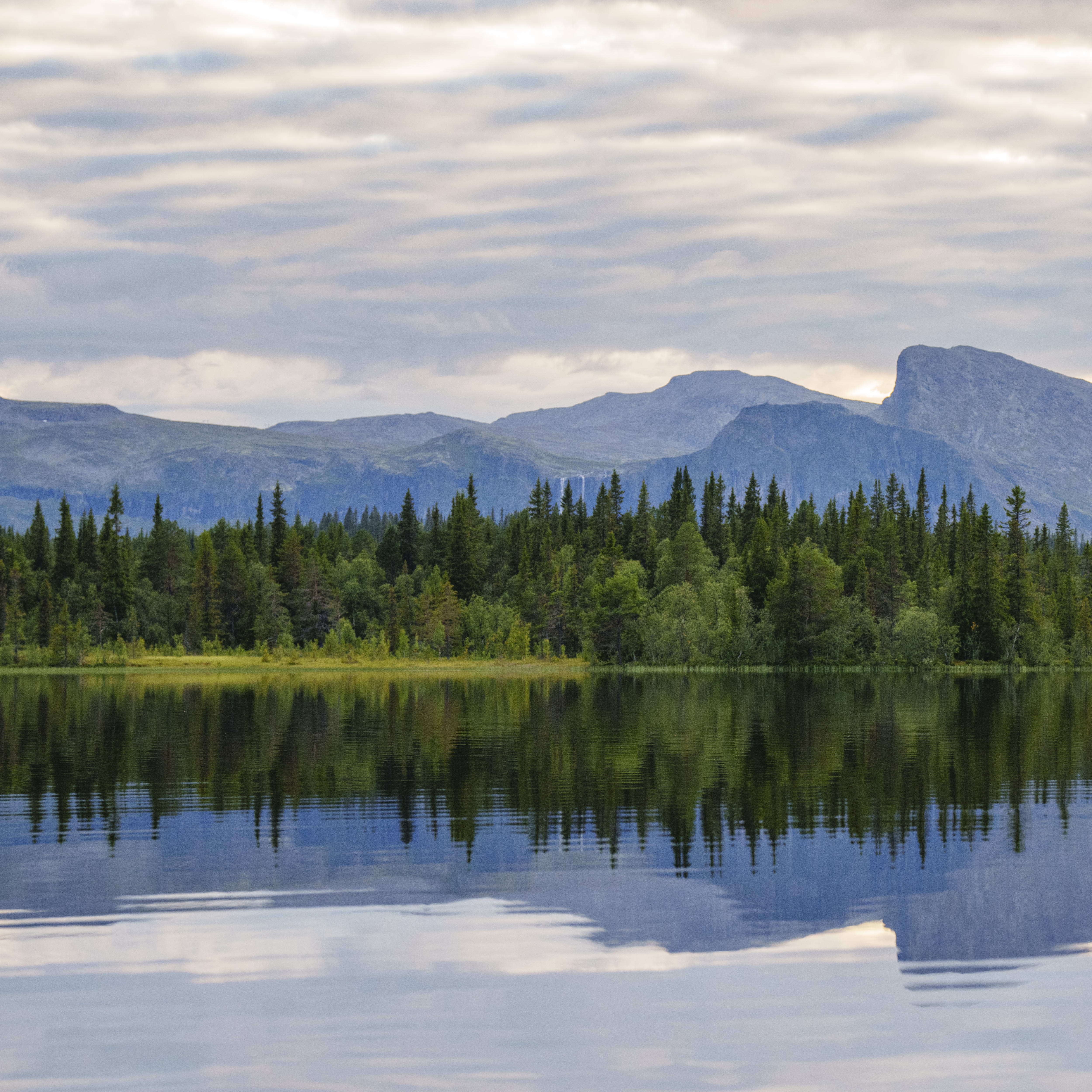 Two people in a canoe paddle across a calm lake. The lake reflects the sky, the clouds, and the forested mountain range in the background.  The people are wearing Norrøna clothing.