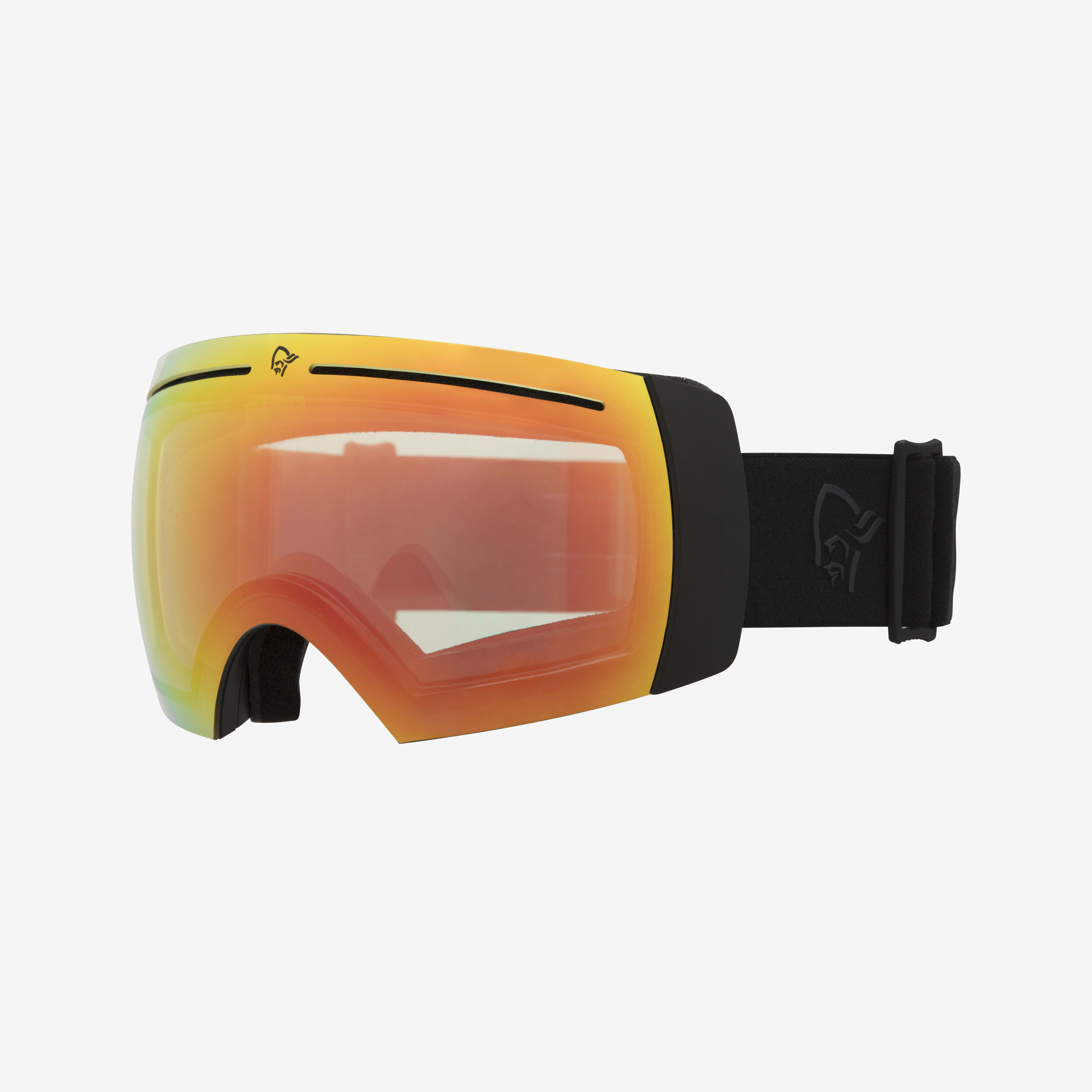 Norrøna ski goggles with an orange mirrored lens, yellow top frame, and black strap, displayed on a white background.