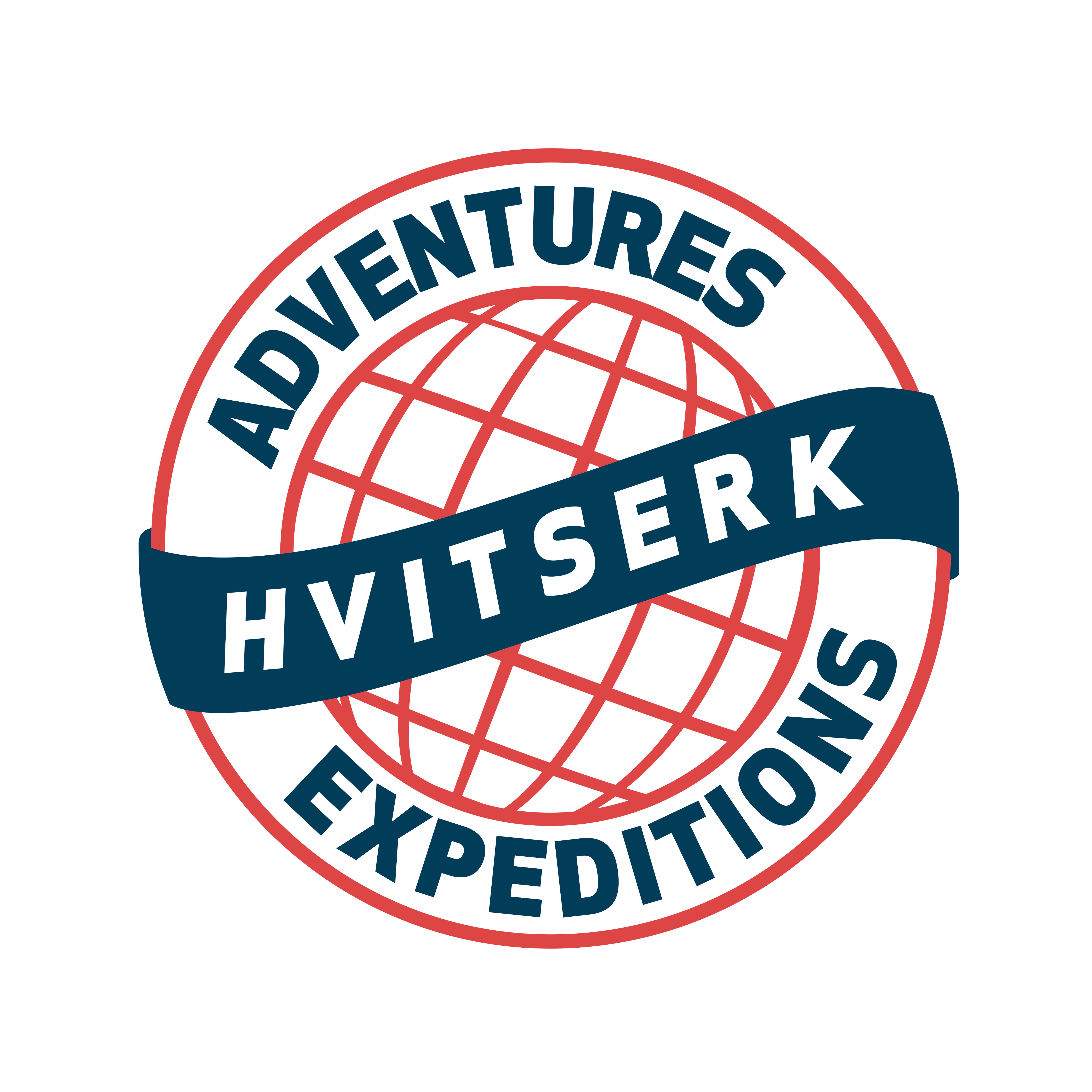 Logo for Hvitserk Adventures Expeditions, featuring a red grid globe with blue text banner.