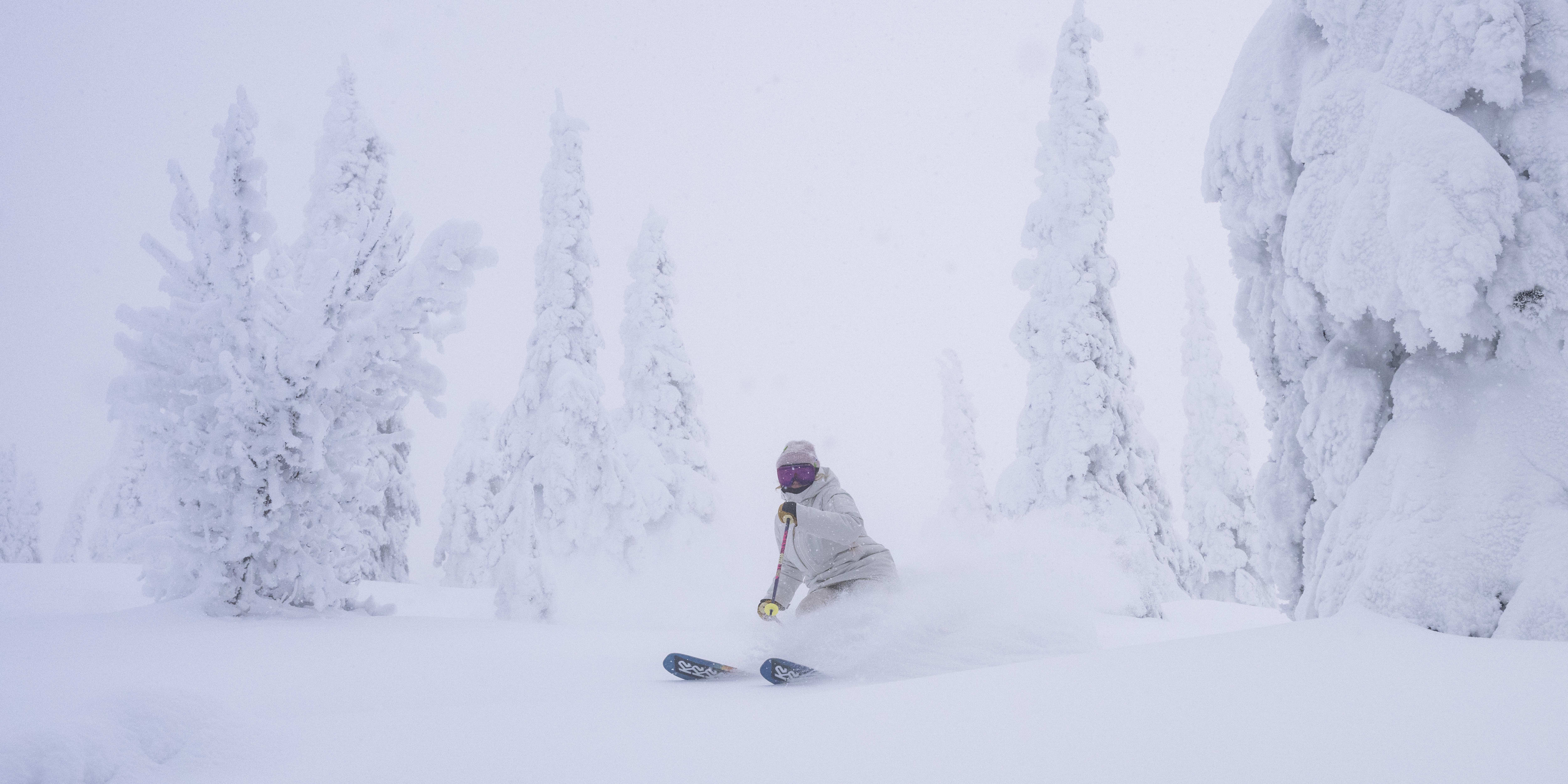A person wearing Norrøna ski gear is skiing down a snowy slope, surrounded by snow-covered trees.