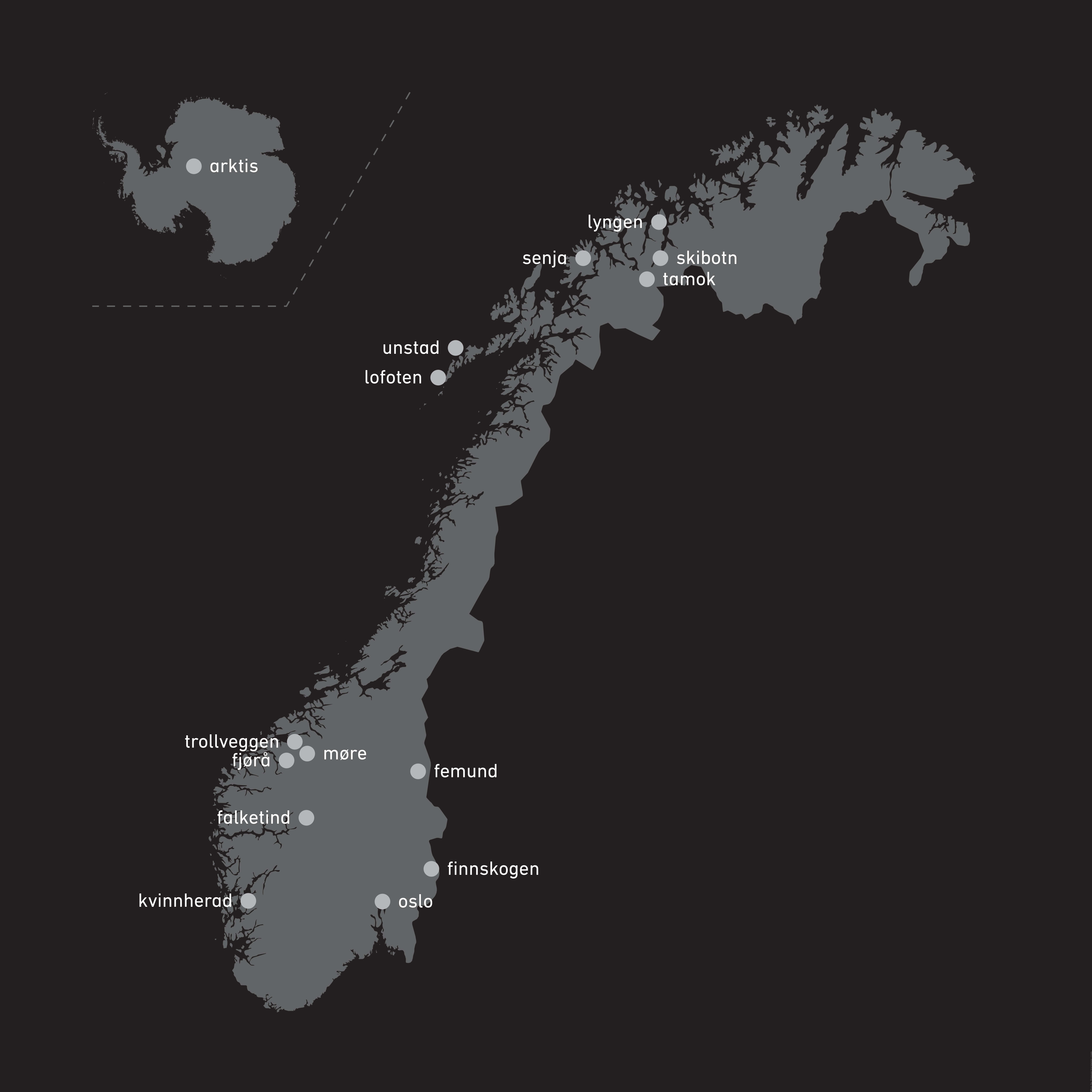 Map of Norway and Arktis in grey against a black background, with various locations marked with labels.