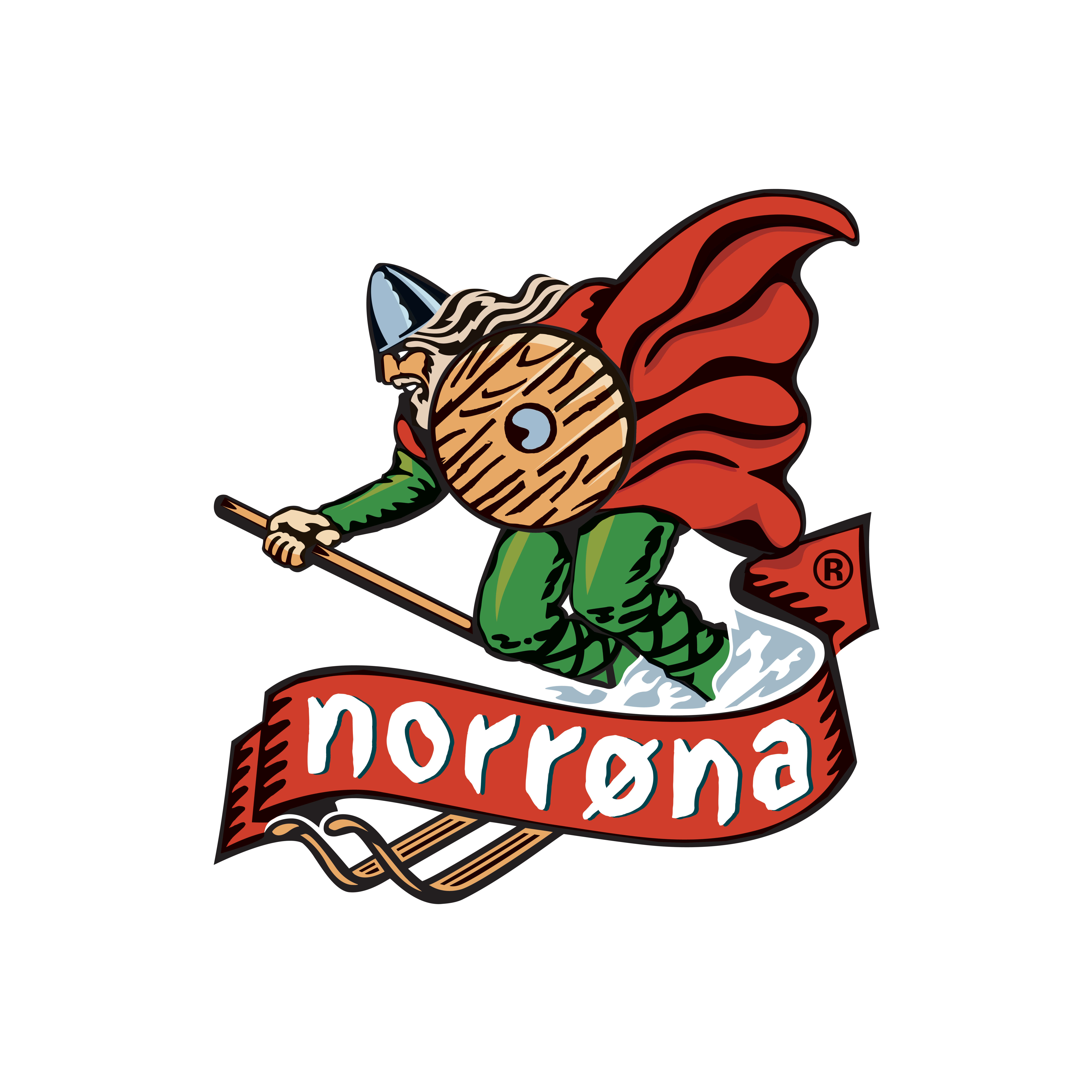 Norrøna logo featuring a Viking wearing Norrøna green clothing, a red cape and helmet, riding a ribbon with the word "norrøna".