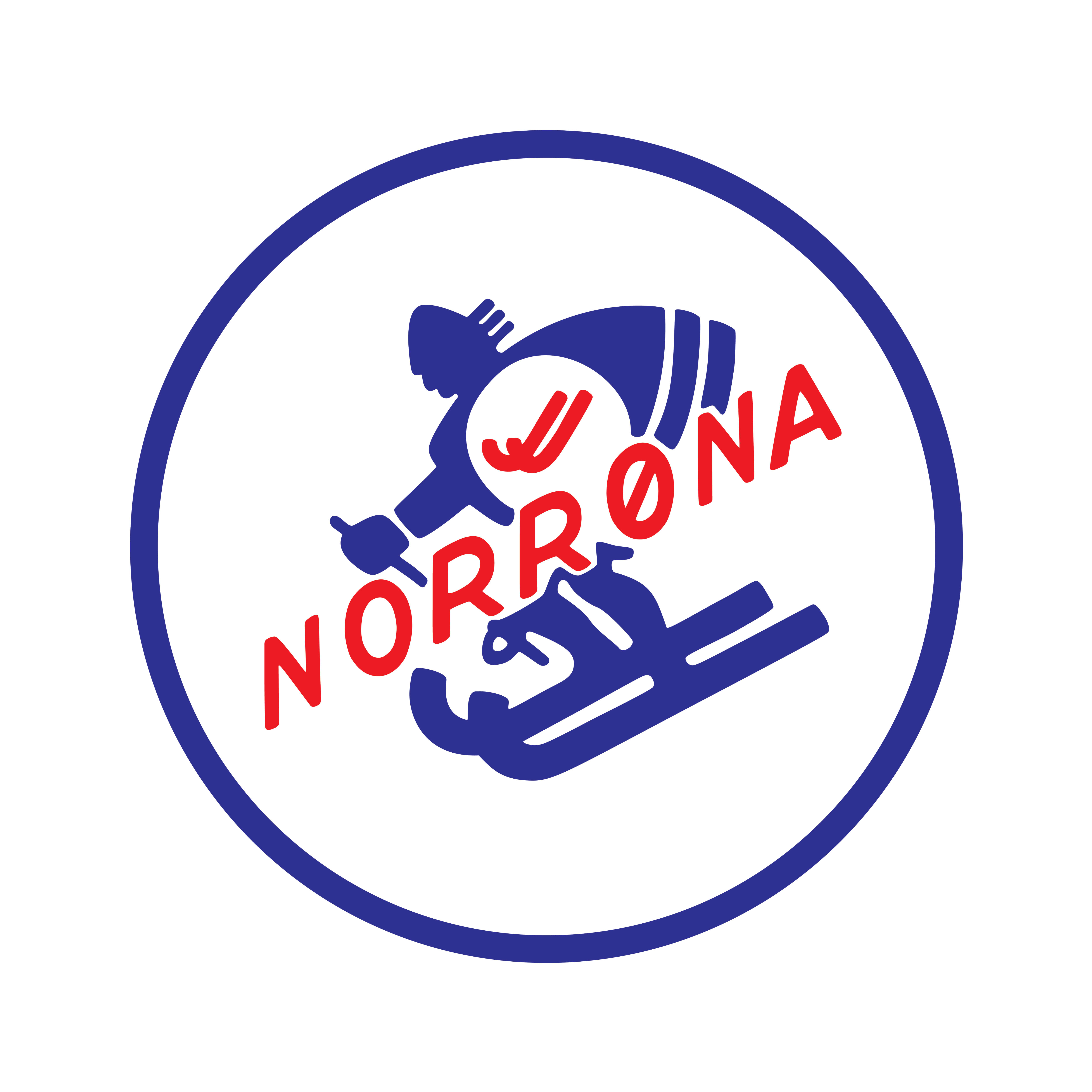 Here are a few options for alt text:

Option 1 (Descriptive):
Norrøna logo: Blue silhouette of a skier in a circle, with the brand name "NORRØNA" in red text overlaying the design.

Option 2 (Concise):
Norrøna brand logo: Skier silhouette and company name in blue and red within a circle.

Option 3 (Focus on the brand)
Norrøna logo, featuring a blue skier silhouette with the brand name in red.