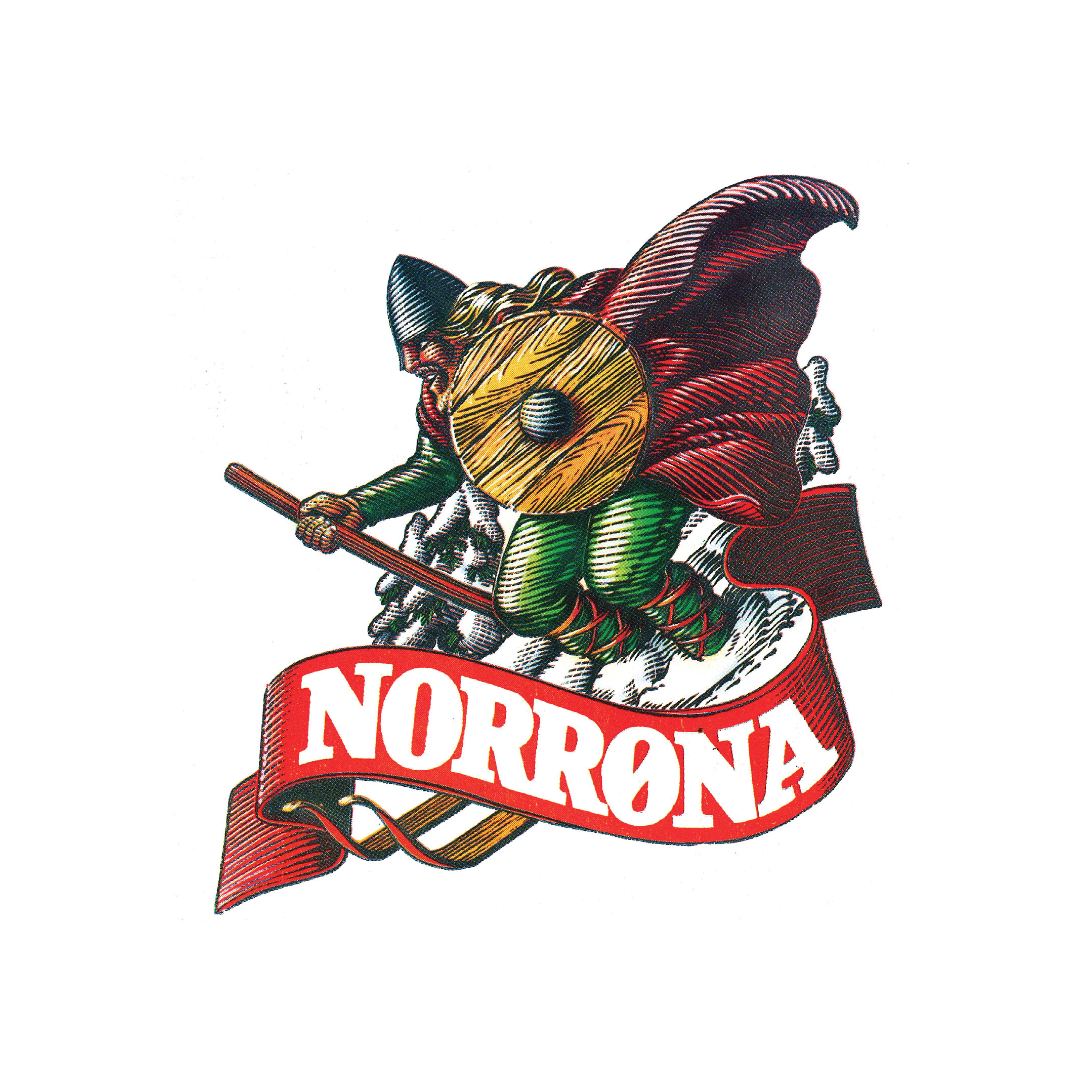 Vintage Norrøna logo: A Viking with shield rides skis above the "NORRØNA" name on a red ribbon.