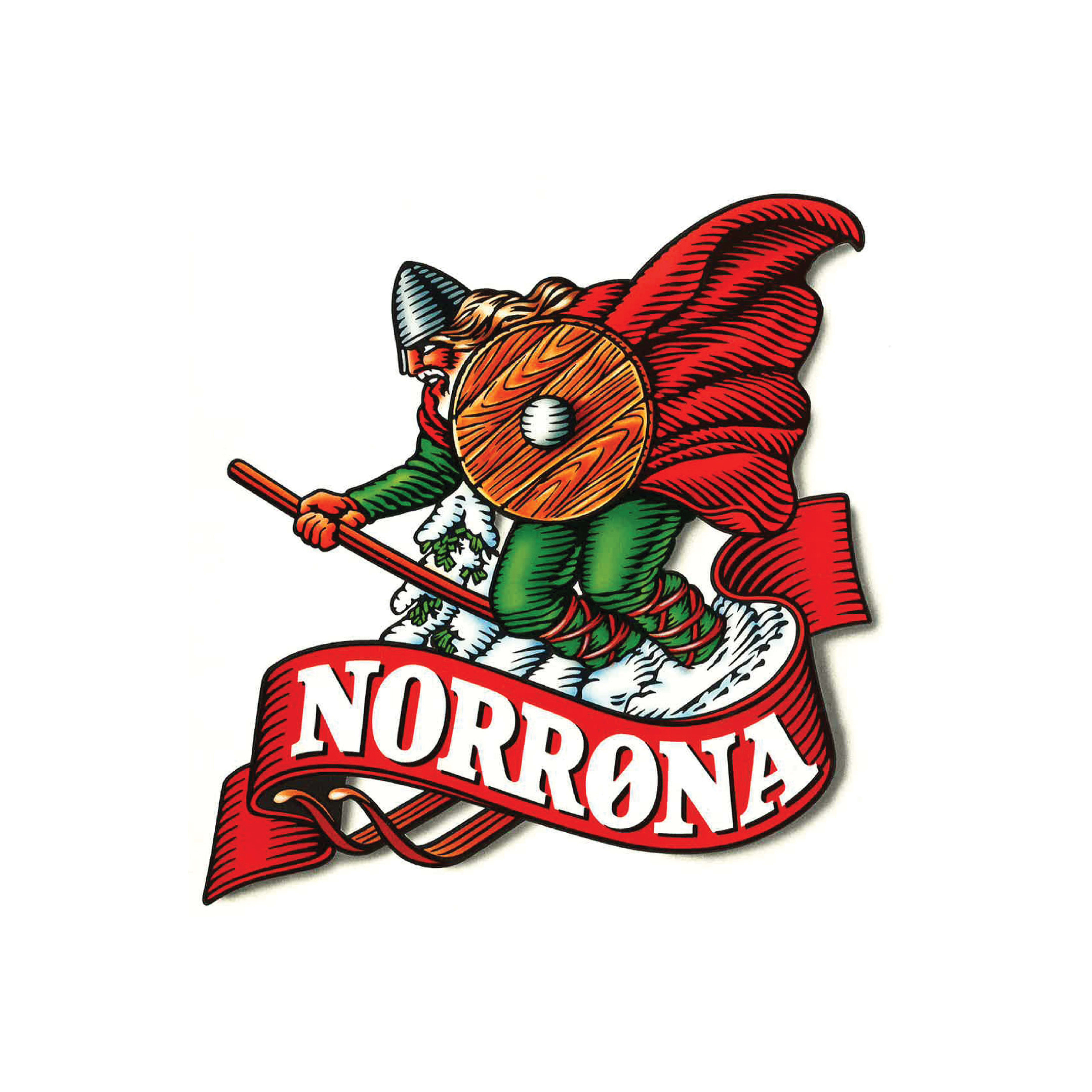 Logo for Norrøna with cartoon Viking wearing Norrøna clothes skiing down a snowy hill, holding a shield and ski pole.