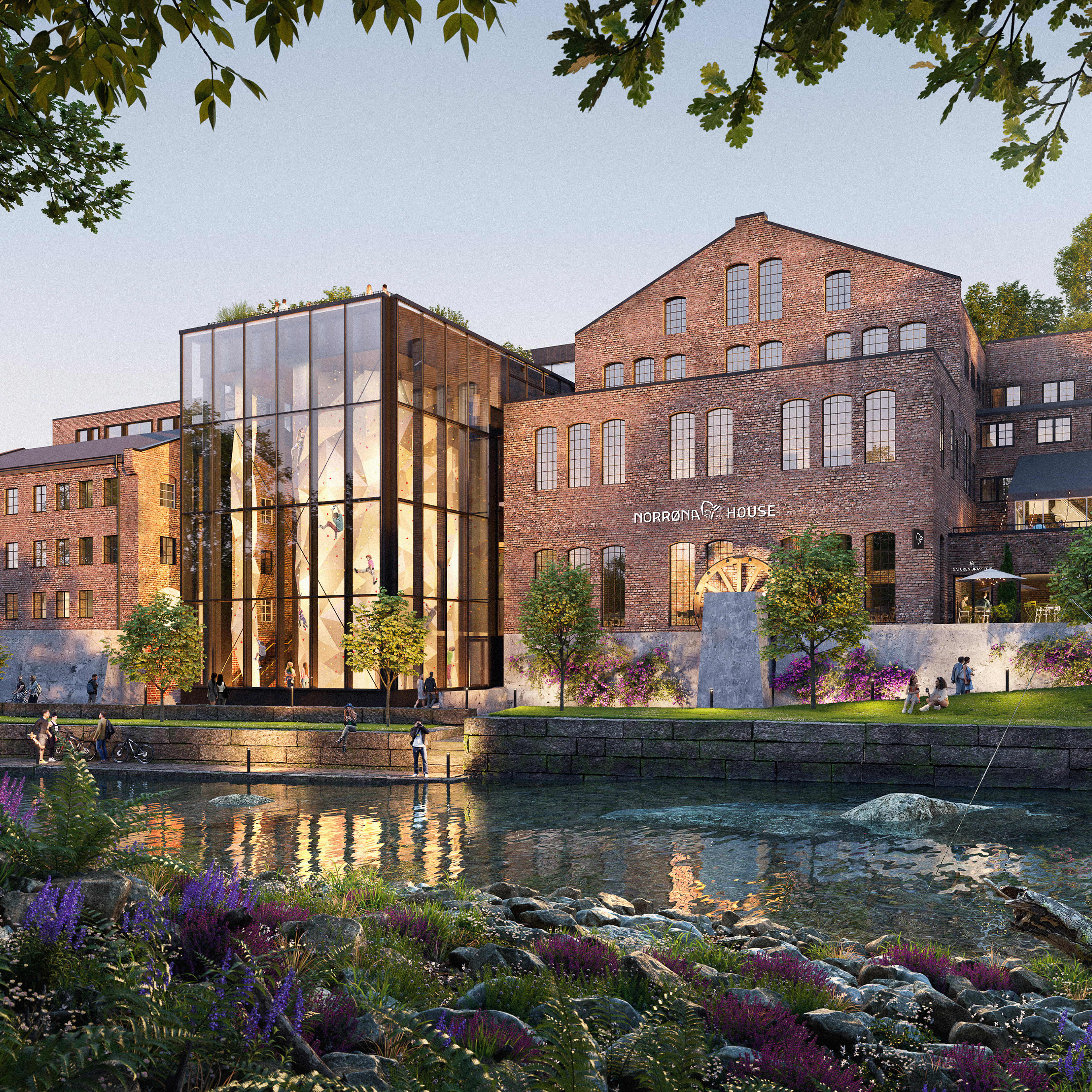 Facade rendering of "Norrøna House", a brick building with a glass addition, next to a river with a person wearing Norrøna fishing.