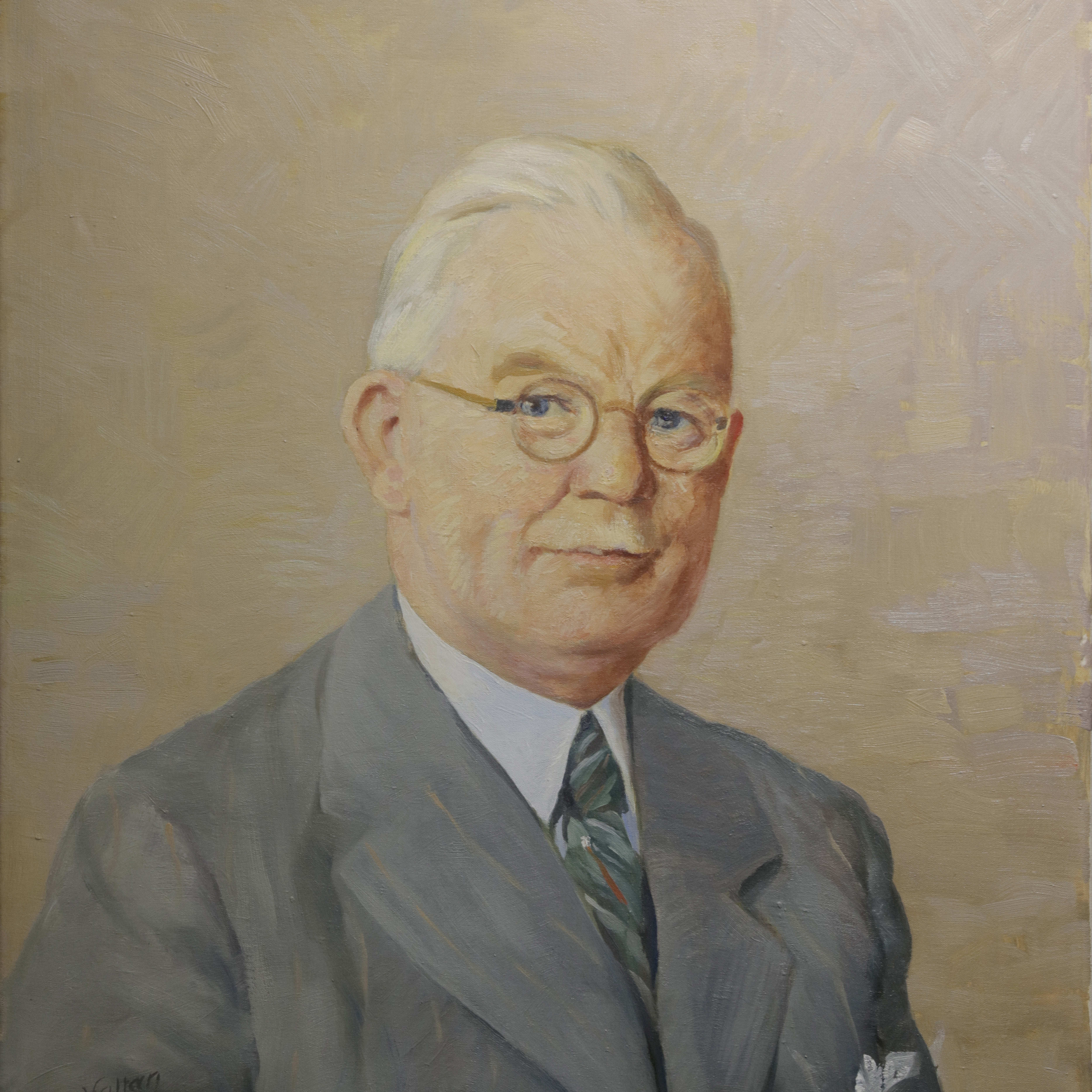 Painting of a man with white hair and glasses, wearing a gray suit and Norrøna tie, against a beige background. "O. Holtaan 1950" is signed.
