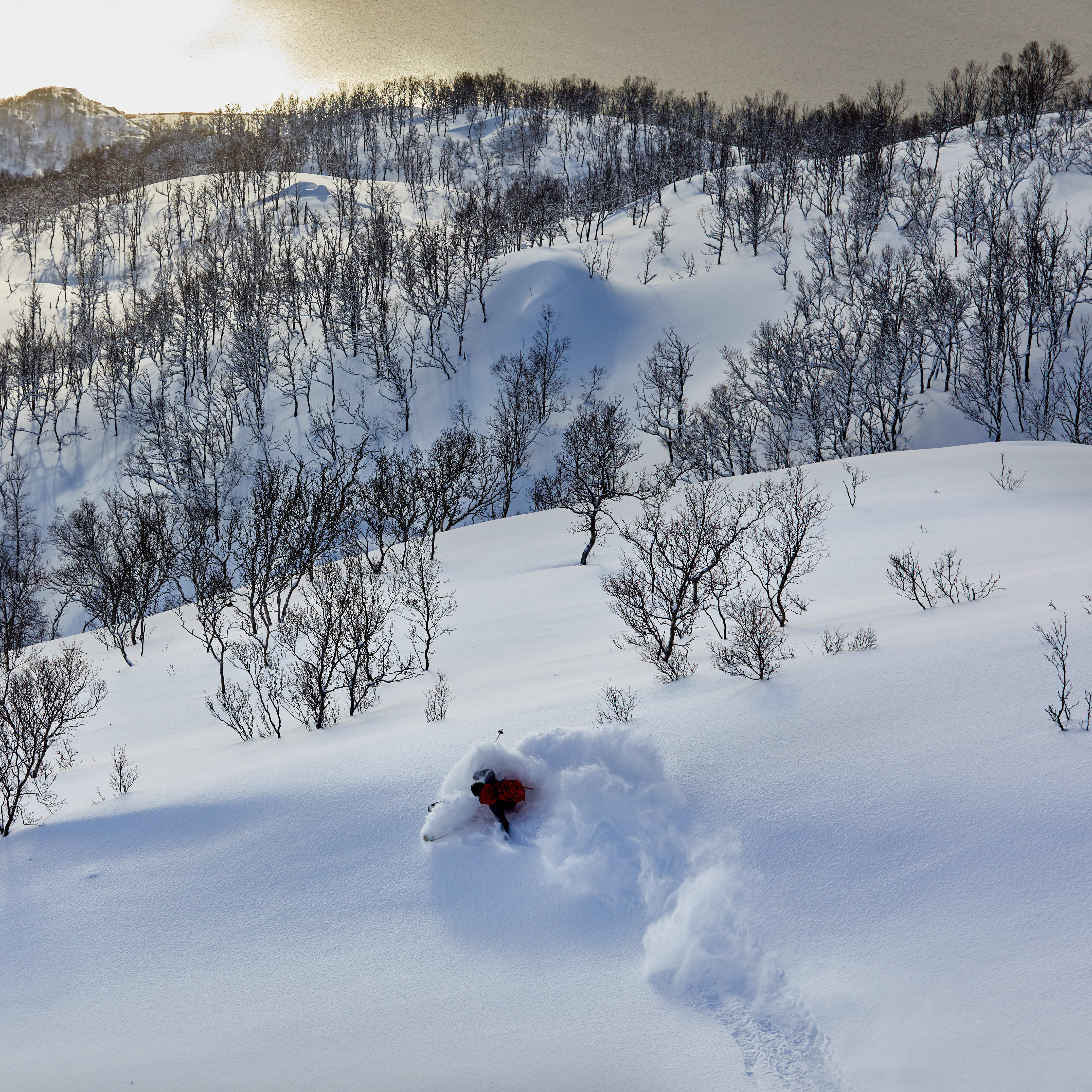 A skier wearing a red Norrøna jacket carves through deep powder snow on a snowy mountainside with a view of a lake in the distance. 
