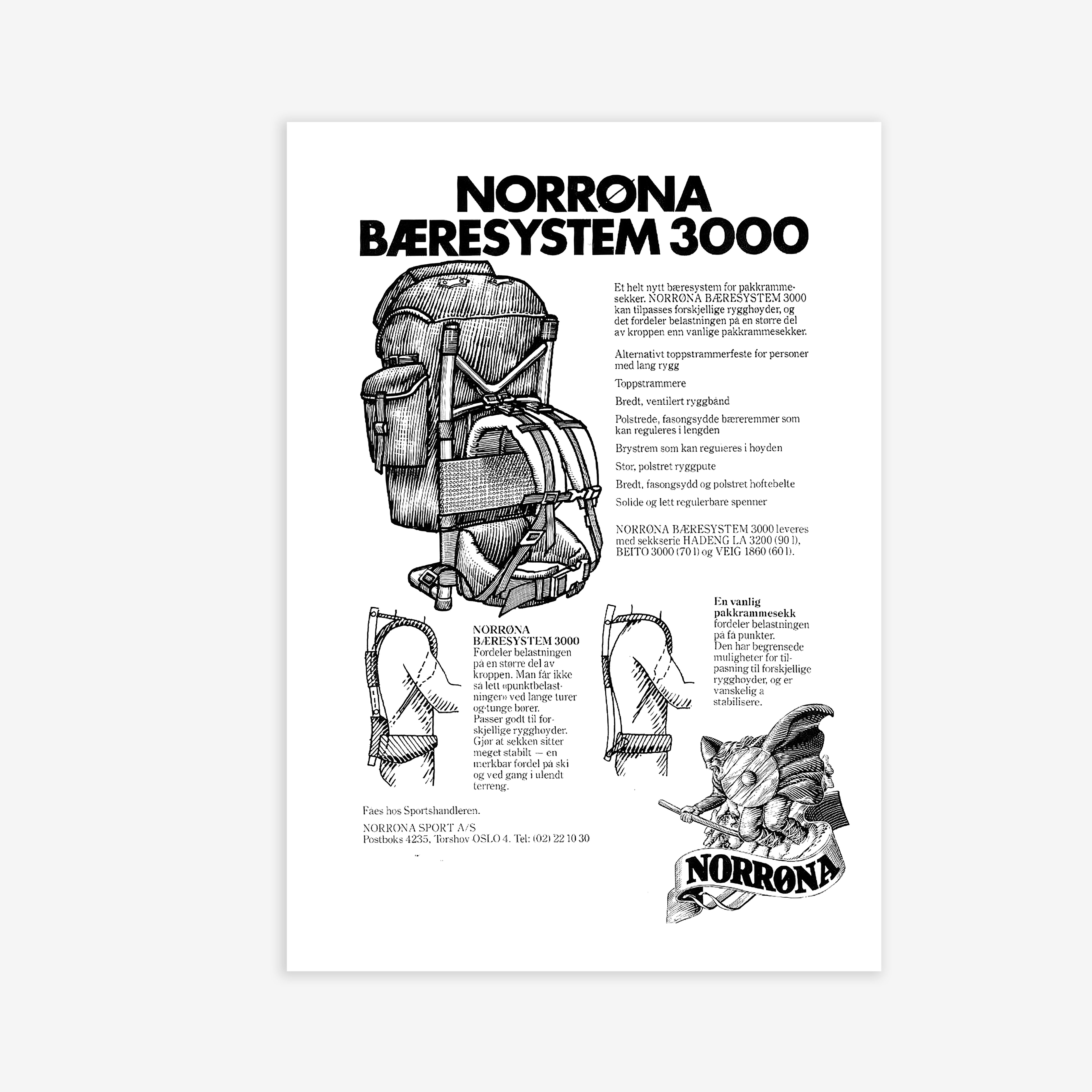 Vintage Norrøna advertisement for the Bæresystem 3000 backpack, featuring line drawings and diagrams.