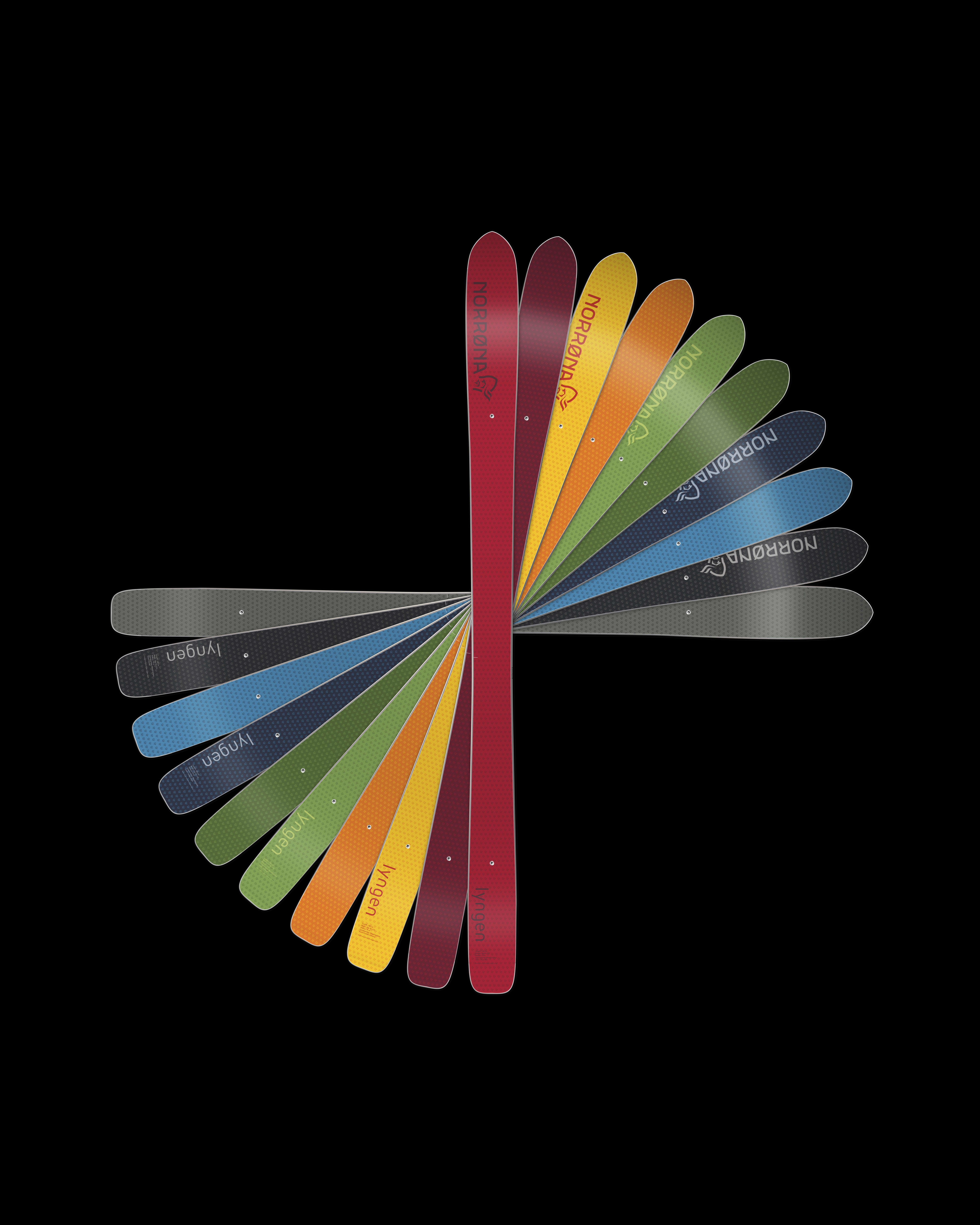 Norrøna lyngen skis in various colors arranged in a circular fan pattern on a black background.