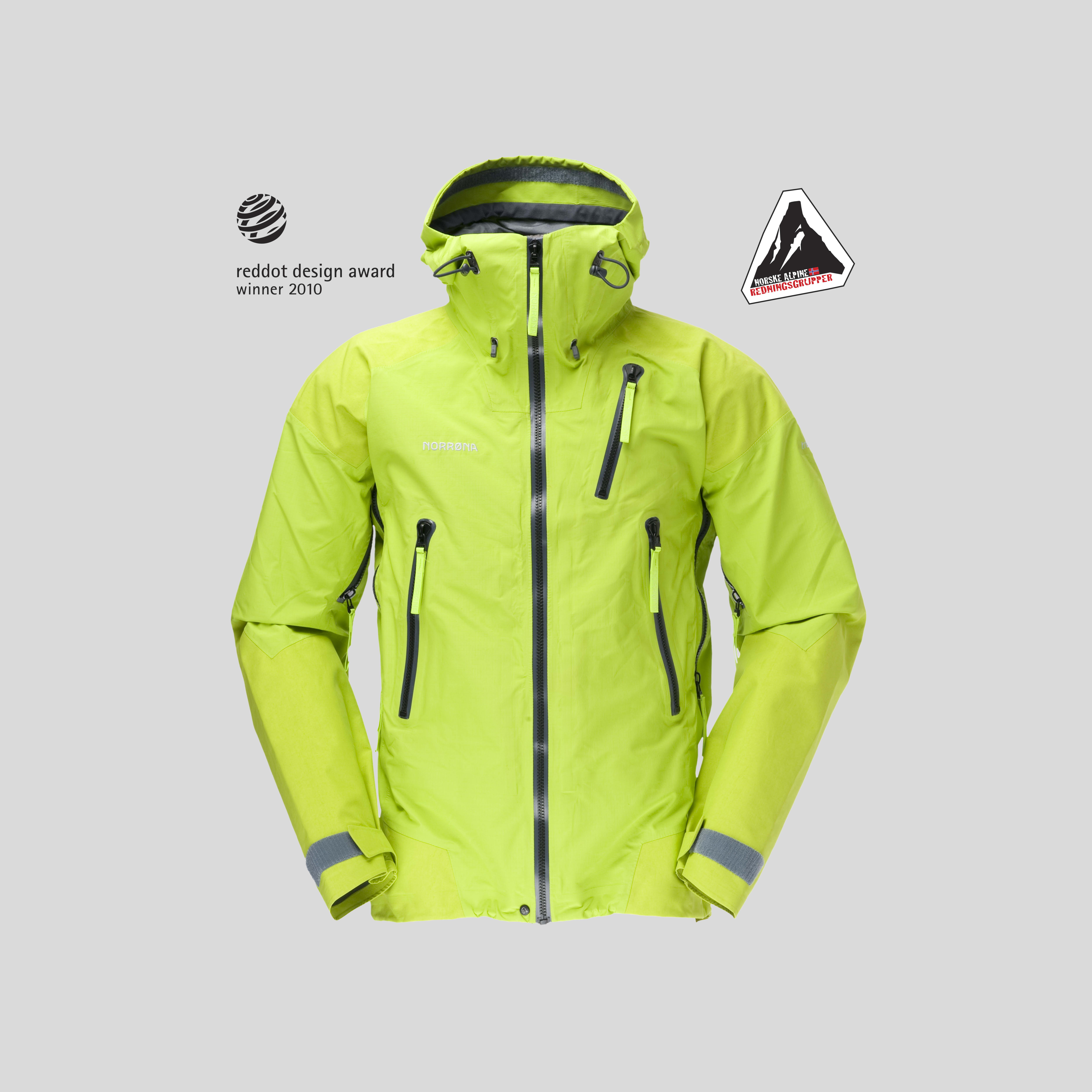 Lime green Norrøna hooded jacket with black zippers.
