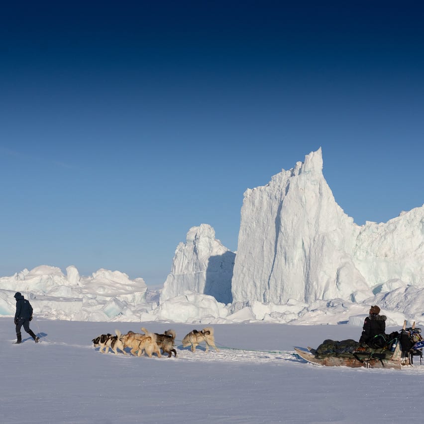 A person walks on a snowy landscape, a dog sledding team with a Norrøna backpack follows. The team is in front of a large ice berg. 
