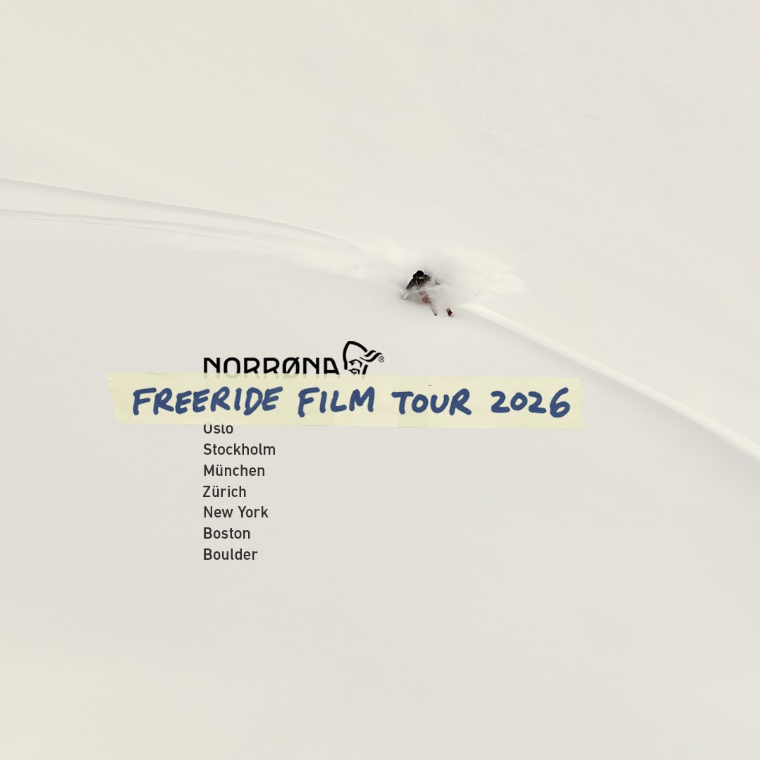 Norrøna Freeride Film Tour 2026 poster showing a skier in Norrøna gear carving down a snowy slope.