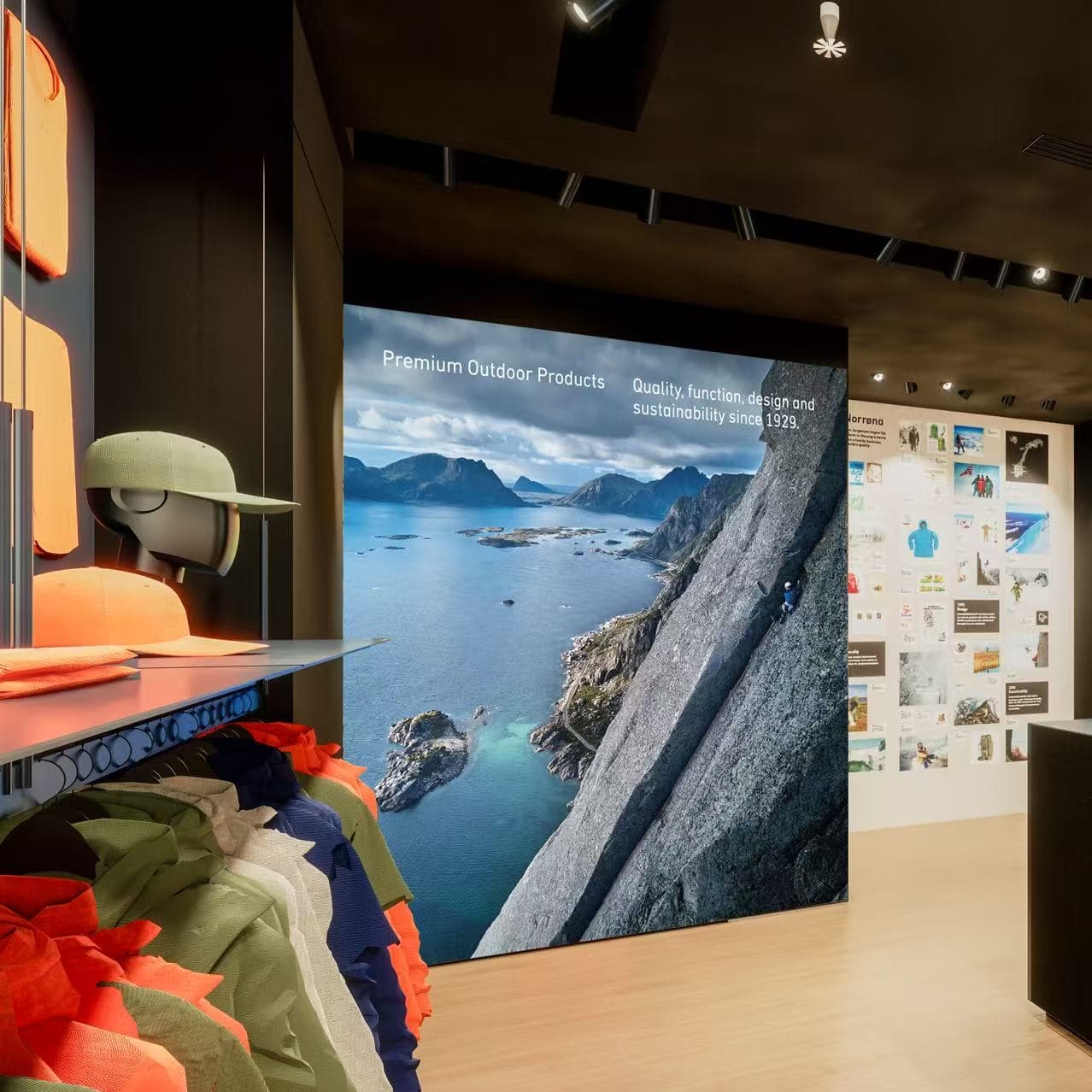Interior of a Norrøna store. Apparel on racks and display. A large image shows a climber on a mountain with ocean views.