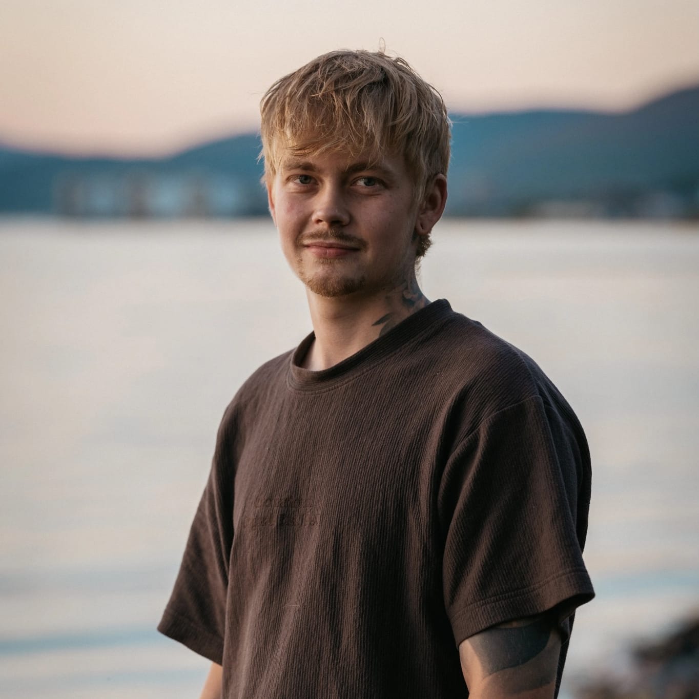 A person with blonde hair wearing a brown Norrøna t-shirt stands outdoors with tattoos on their arm and neck. Water and mountains in background.
