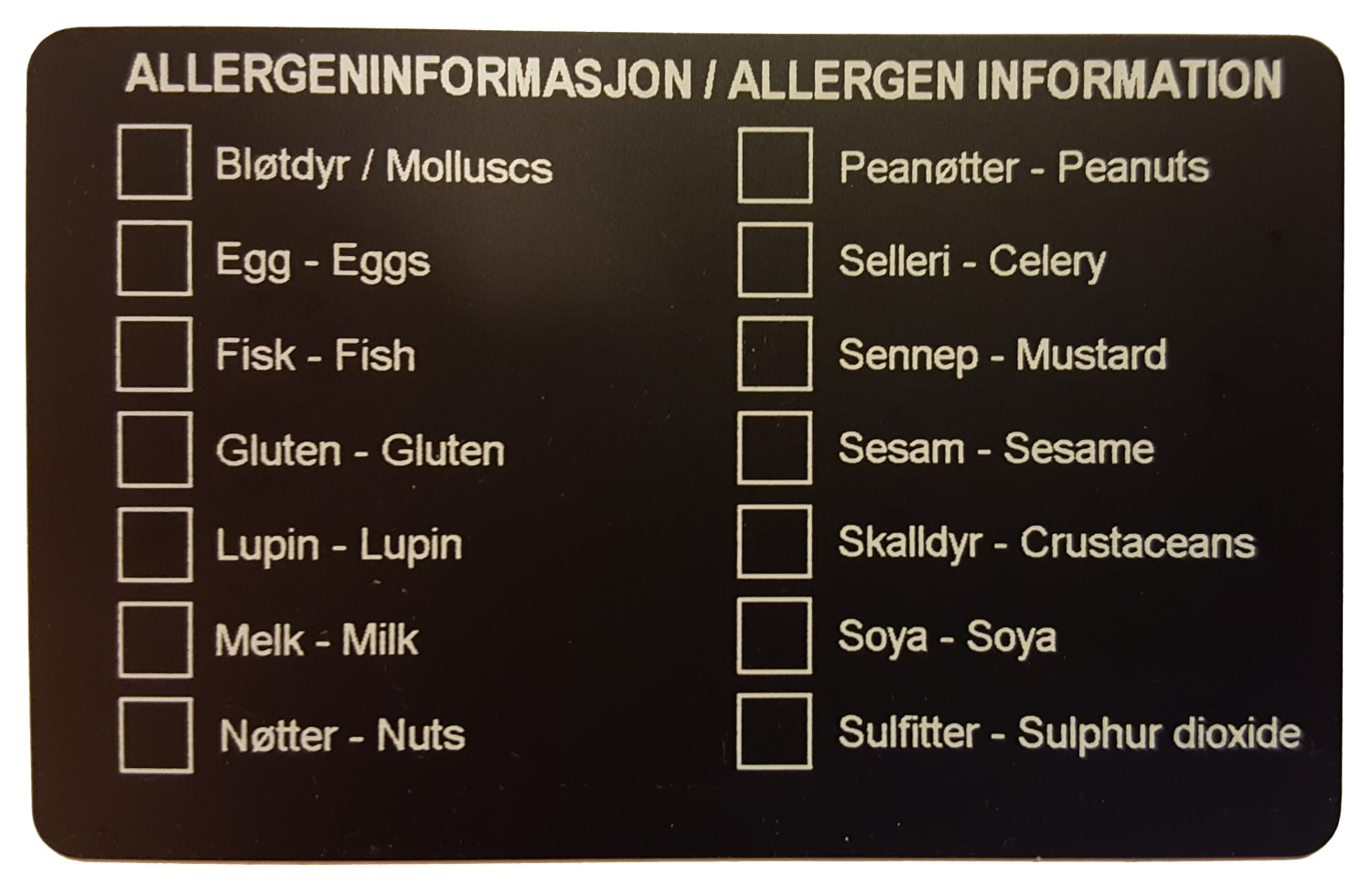 Allergenkort for avkryssing 10-pakning